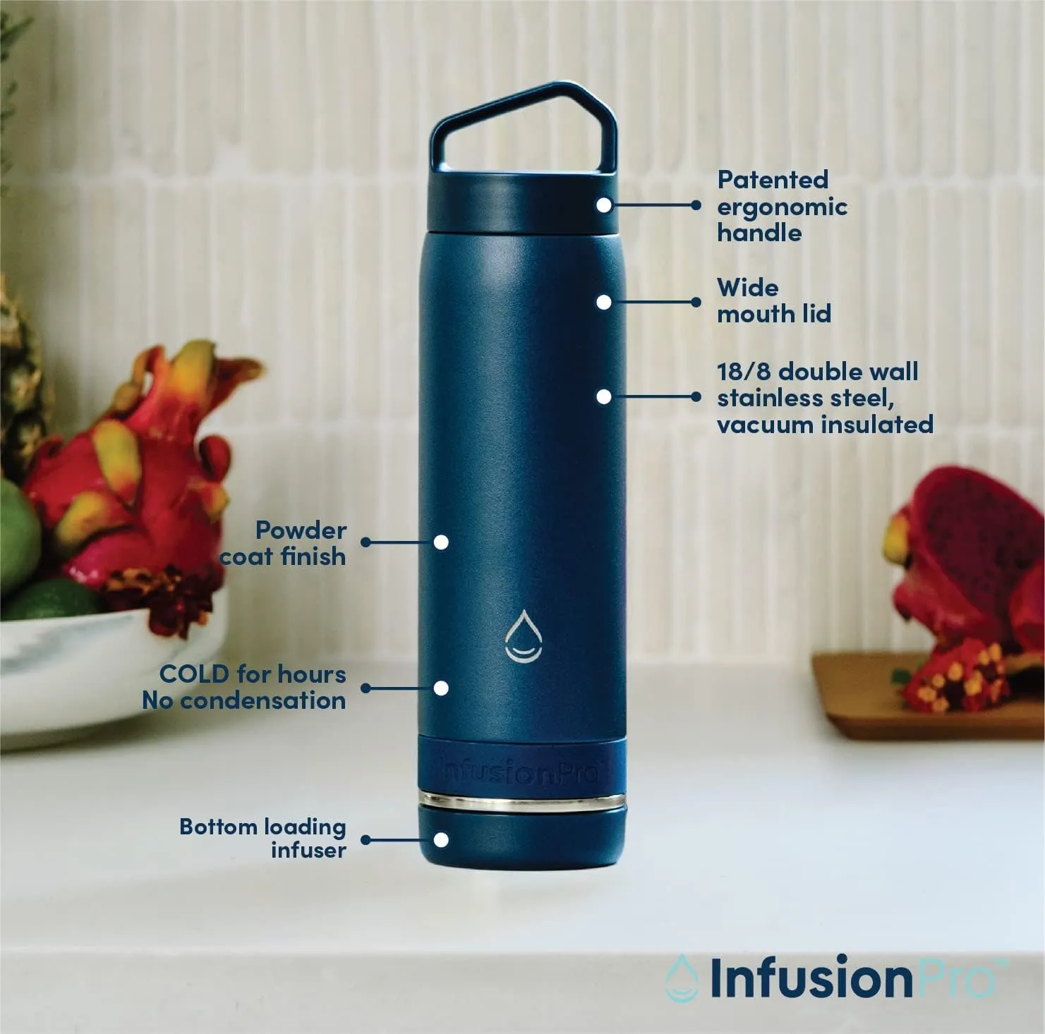 Infusion Pro Fruit Infuser Water Bottle Vacuum Insulated (20 oz) Stainless Steel : Fruit Infusion Recipe eBook : Bottom Loading Water Infuser for More Flavor : Easy Cleaning : Great Gift Water Bottle