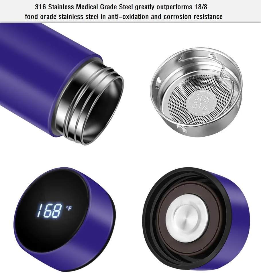 Insulated bottle,Coffee bottle,Tea Infuser Bottle,Smart Sports Water Bottle with LED Temperature Display,Double Wall Vacuum Insulated Water Bottle, Stay Hot for 24 Hrs,Cold for 24 Hrs (Blue)