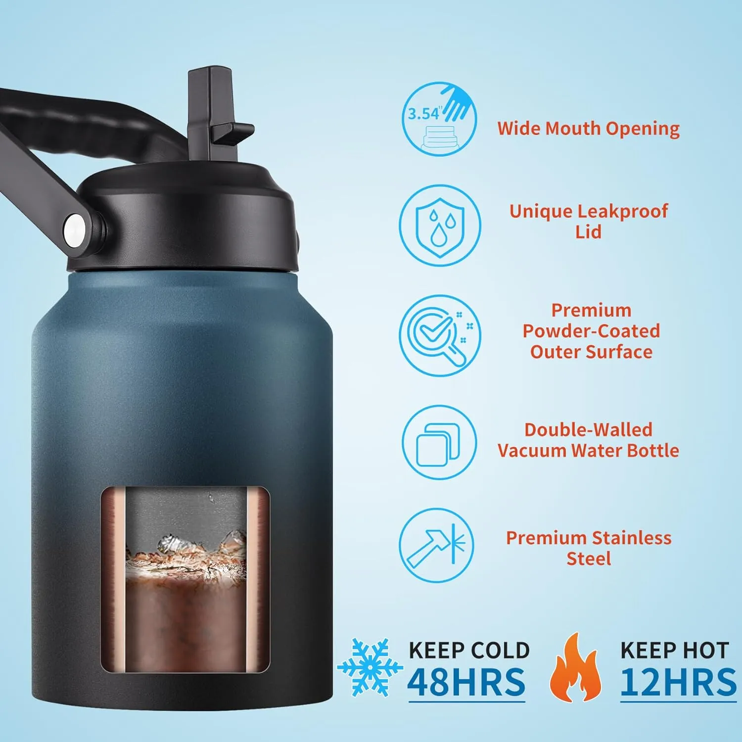 Insulated Gallon Water Bottle Jug with Straw, 128 oz Large Stainless Steel Sports Metal Water Canteen With Handle, Thermal Water Cup Mug with 2 Lids, Midnight Black