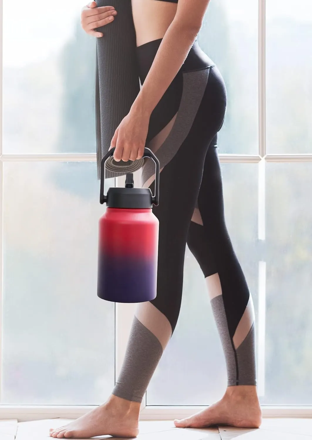 Insulated Gallon Water Bottle Jug with Straw, 128 oz Large Stainless Steel Sports Metal Water Canteen With Handle, Thermal Water Cup Mug with 2 Lids, Midnight Black