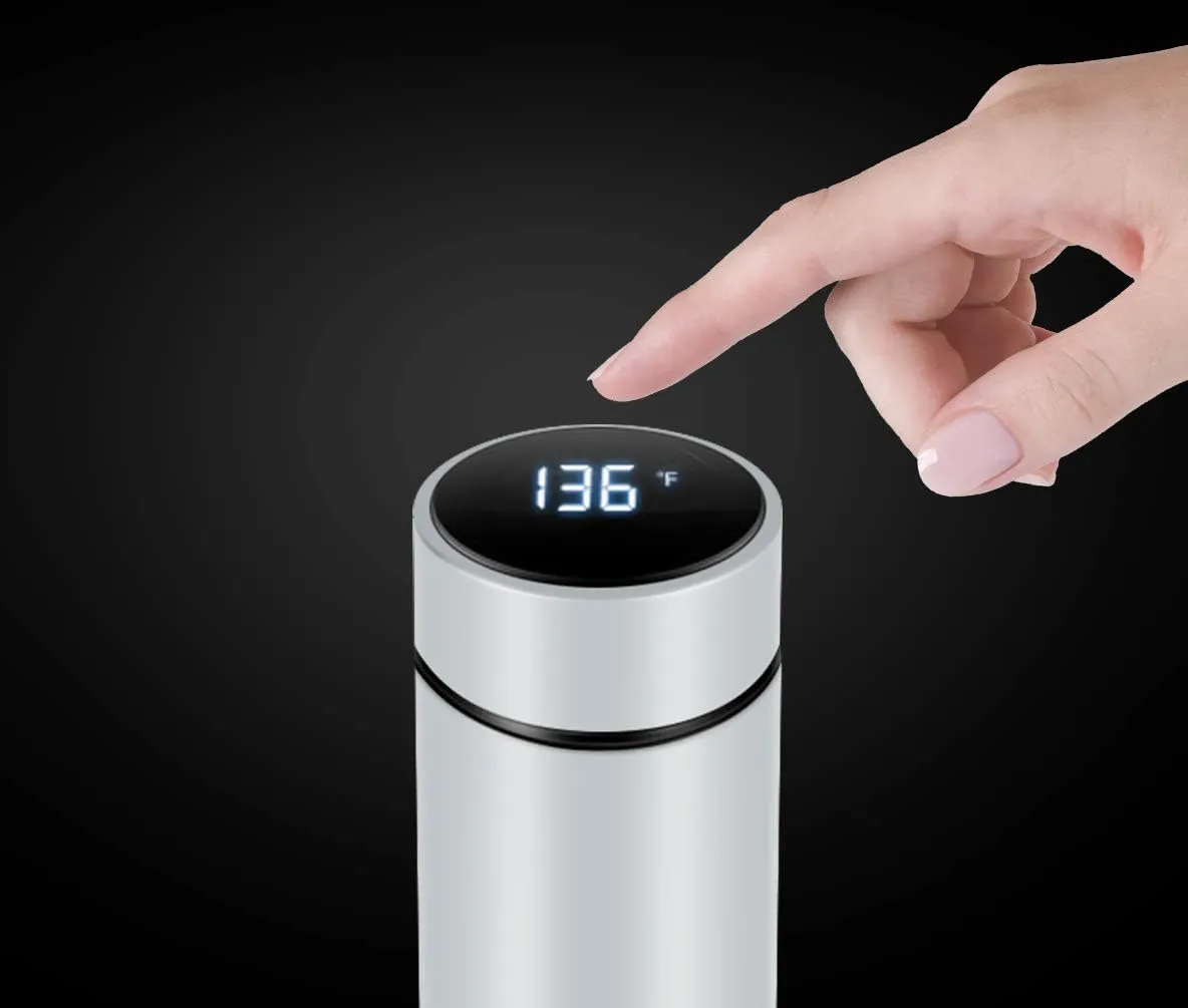 Insulated Smart Sports Water Bottle With LED Temperature Display, Double Wall Vacuum Insulated for Coffee, Tea Infuser - Stay Hot or Cold for 24 Hrs (White)