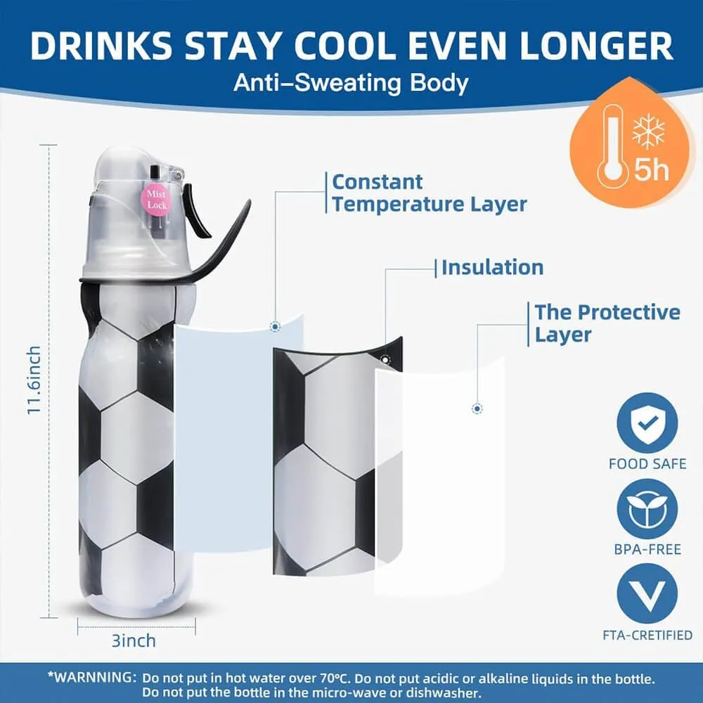 Insulated Sports Water Bottle with Spray Mist and Sip Kids Cool Misting Soccer Water Bottles School for Boys Girls Gym Cycling Climbing 20 OZ, Leak Proof Squeeze Cold Waterbottle