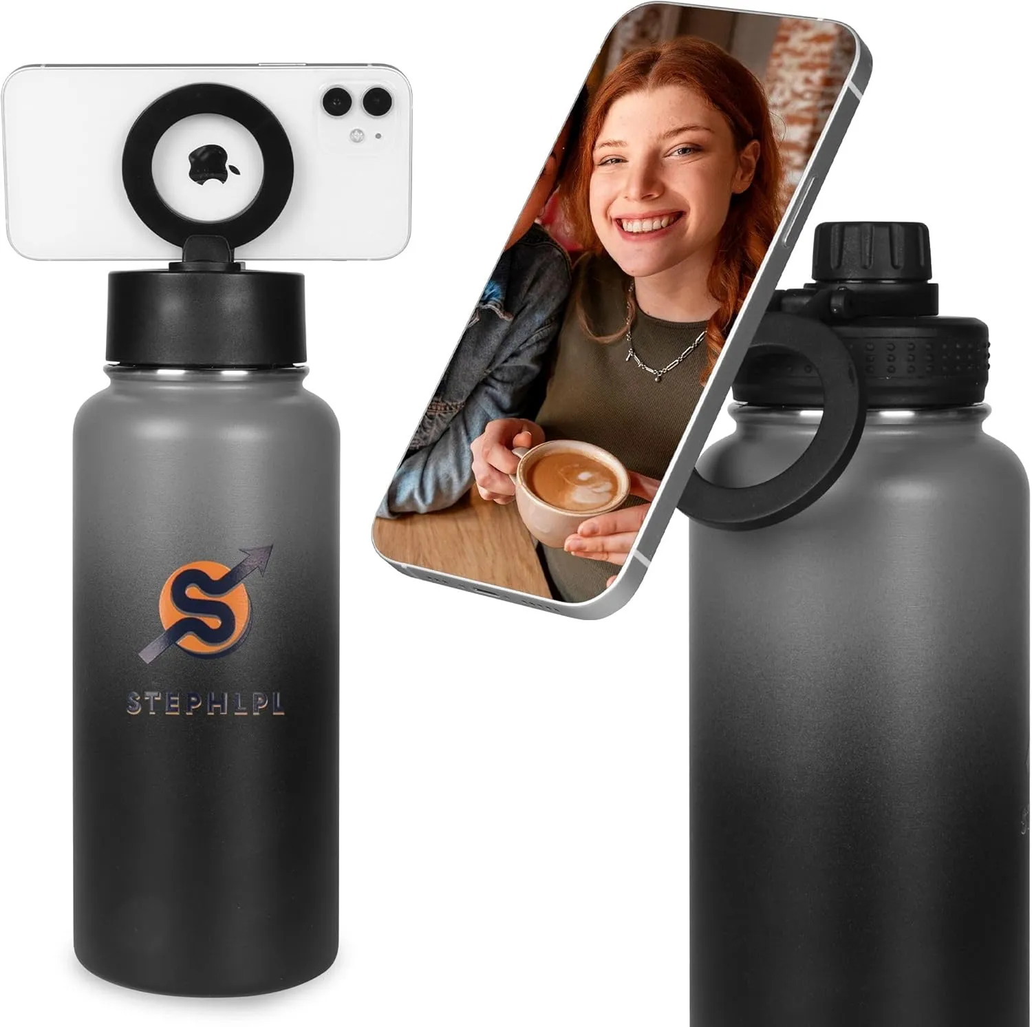Insulated Stainless Steel Water Bottle Magnetic Phone Holder, Dual Lids (Straw & Spout), 360° Rotating Tripod Mount, Leak-Proof, Hot 12H/Cold 24H, Sports, Travel, Work, and Car Cup Holder