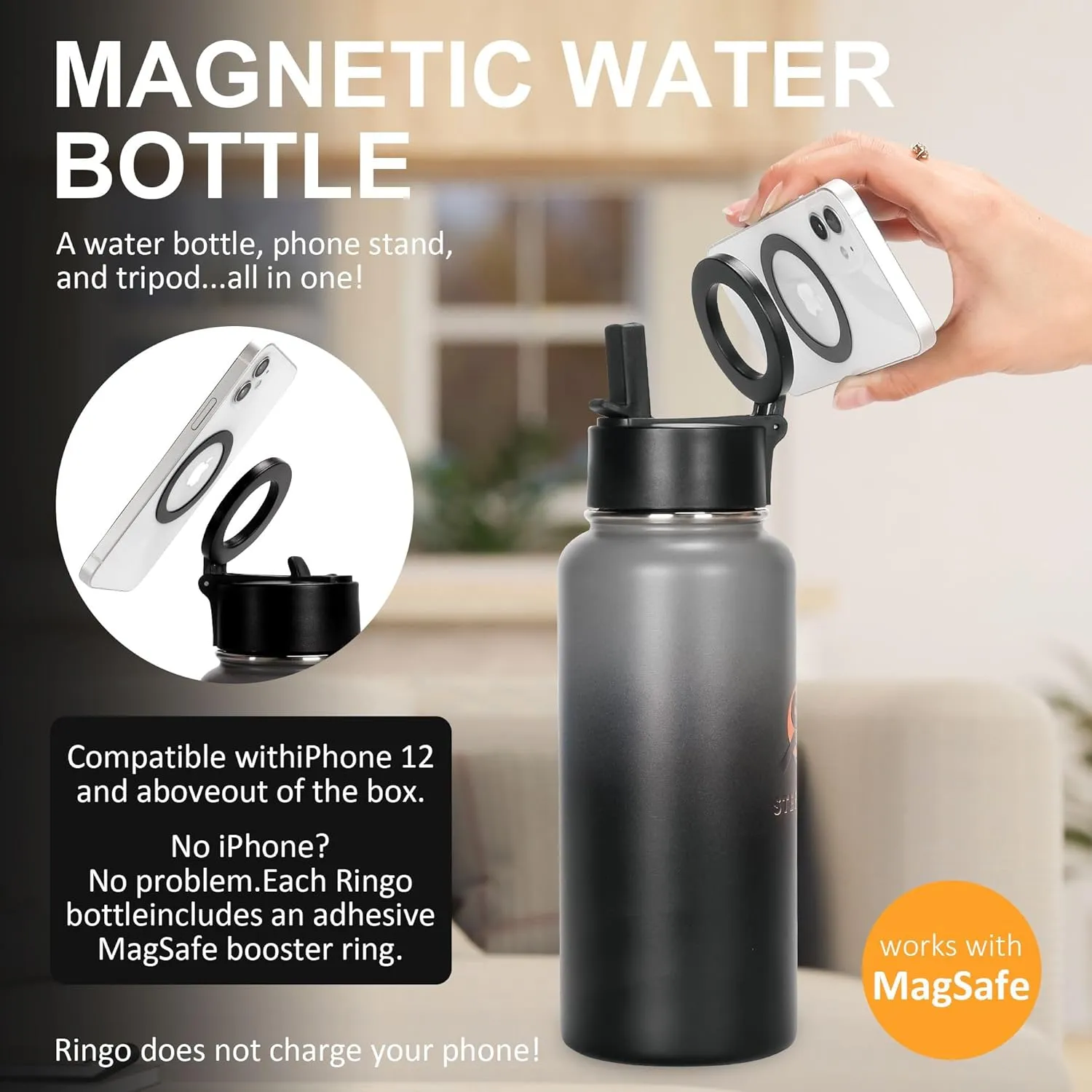Insulated Stainless Steel Water Bottle Magnetic Phone Holder, Dual Lids (Straw & Spout), 360° Rotating Tripod Mount, Leak-Proof, Hot 12H/Cold 24H, Sports, Travel, Work, and Car Cup Holder