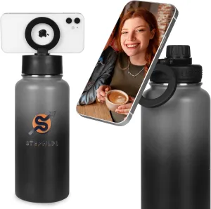 Insulated Stainless Steel Water Bottle Magnetic Phone Holder, Dual Lids (Straw & Spout), 360° Rotating Tripod Mount, Leak-Proof, Hot 12H/Cold 24H, Sports, Travel, Work, and Car Cup Holder