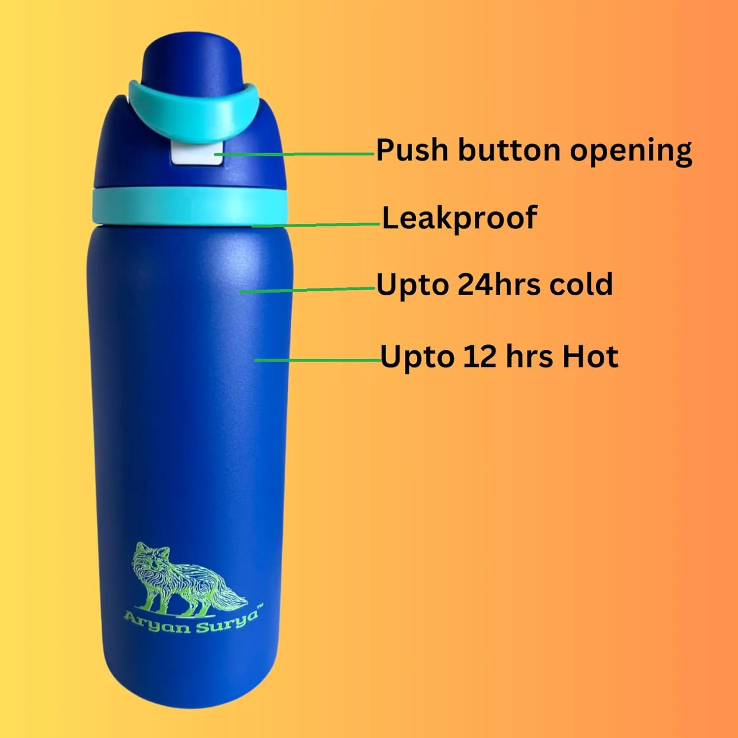 Insulated Stainless Steel Water Bottle with push-button lid with lock and Straw for Sports and Travel, BPA-Free Sports Water Bottle, 32 oz (Blue)