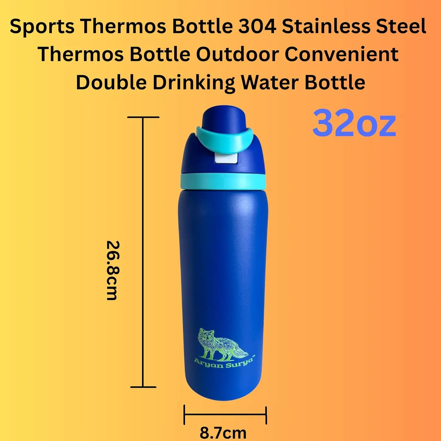 Insulated Stainless Steel Water Bottle with push-button lid with lock and Straw for Sports and Travel, BPA-Free Sports Water Bottle, 32 oz (Blue)