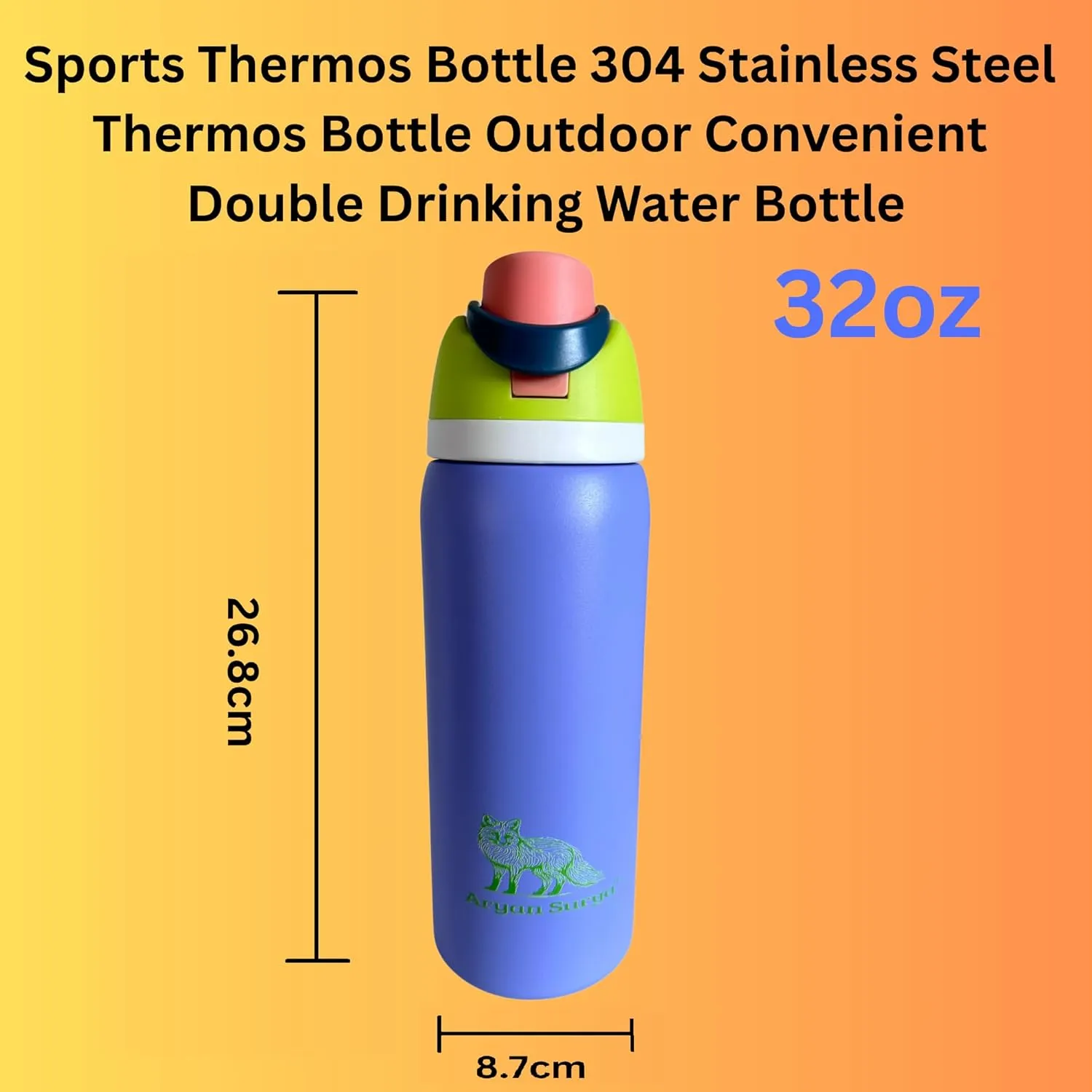 Insulated Stainless Steel Water Bottle with push-button lid with lock and Straw for Sports and Travel, BPA-Free Sports Water Bottle, 32 oz(Purple)