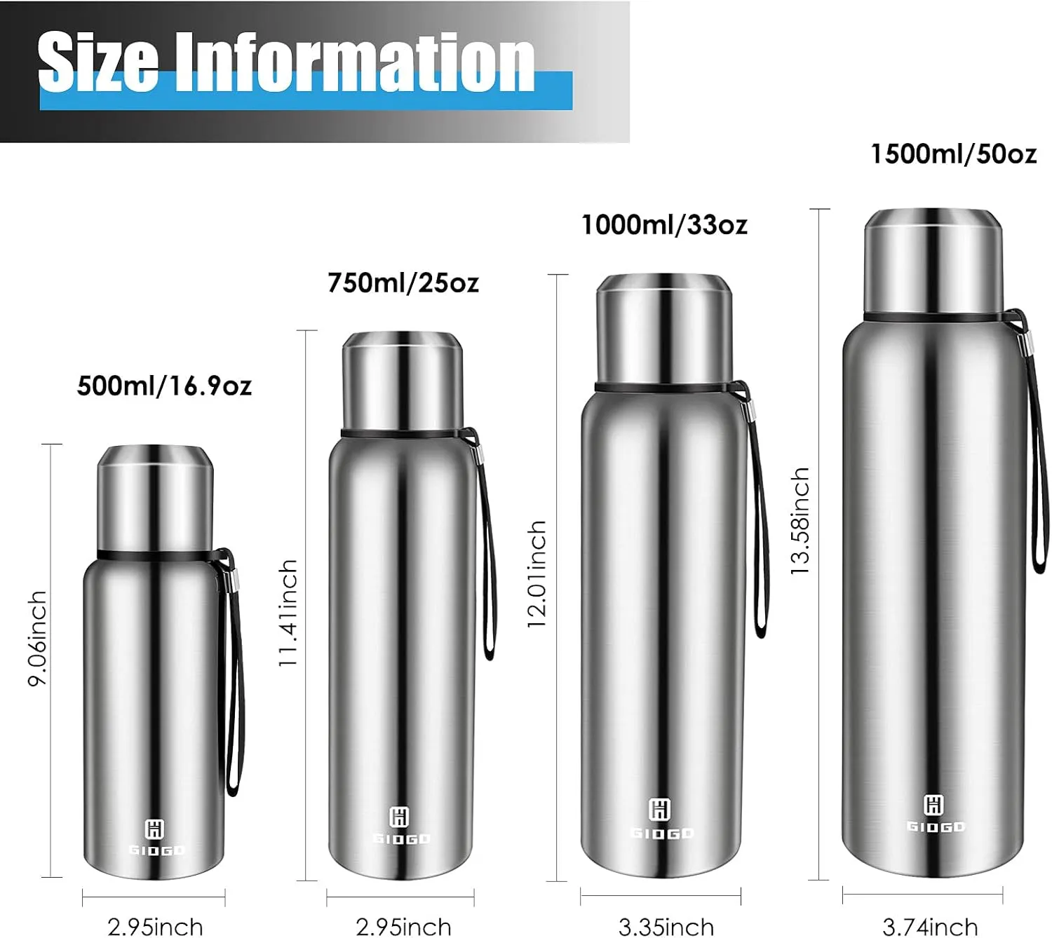Insulated vacuum Thermo Bottle 750ml/25.4oz with cup Stainless steel coffee bottles for hot and cold drink water flask.(Silver,750ml)