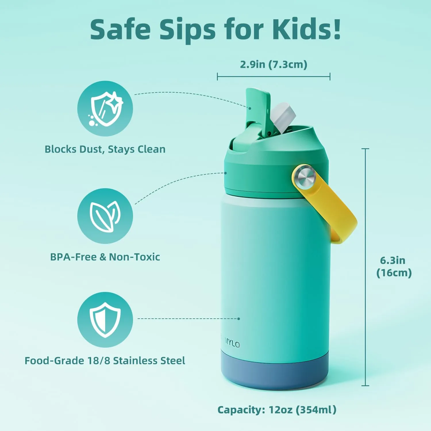 Insulated Water Bottle 12 oz for Boys/Girls, Stainless Steel Hydro Small Flask for School with Straw & Silicone Boot, 100% Leakproof & BPA Free & Keep Cold for 24 Hours