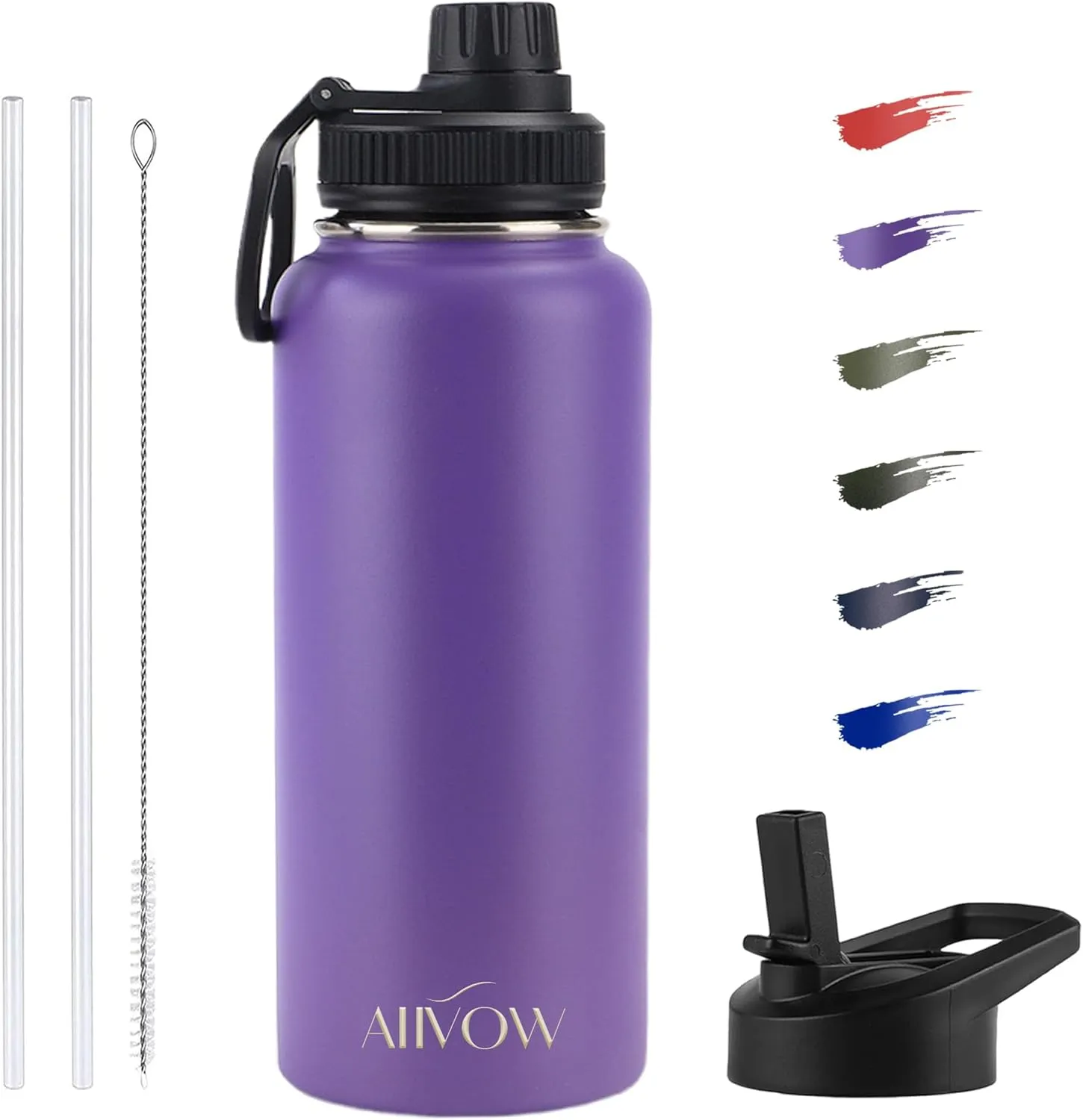 Insulated Water Bottle 32 oz with Straw, Metal Vacuum Stainless Steel Water Flask, Leak Proof & BPA-Free Sports Mens Water Bottle (2 Lids) for Gym,Hiking,Travel, Purple