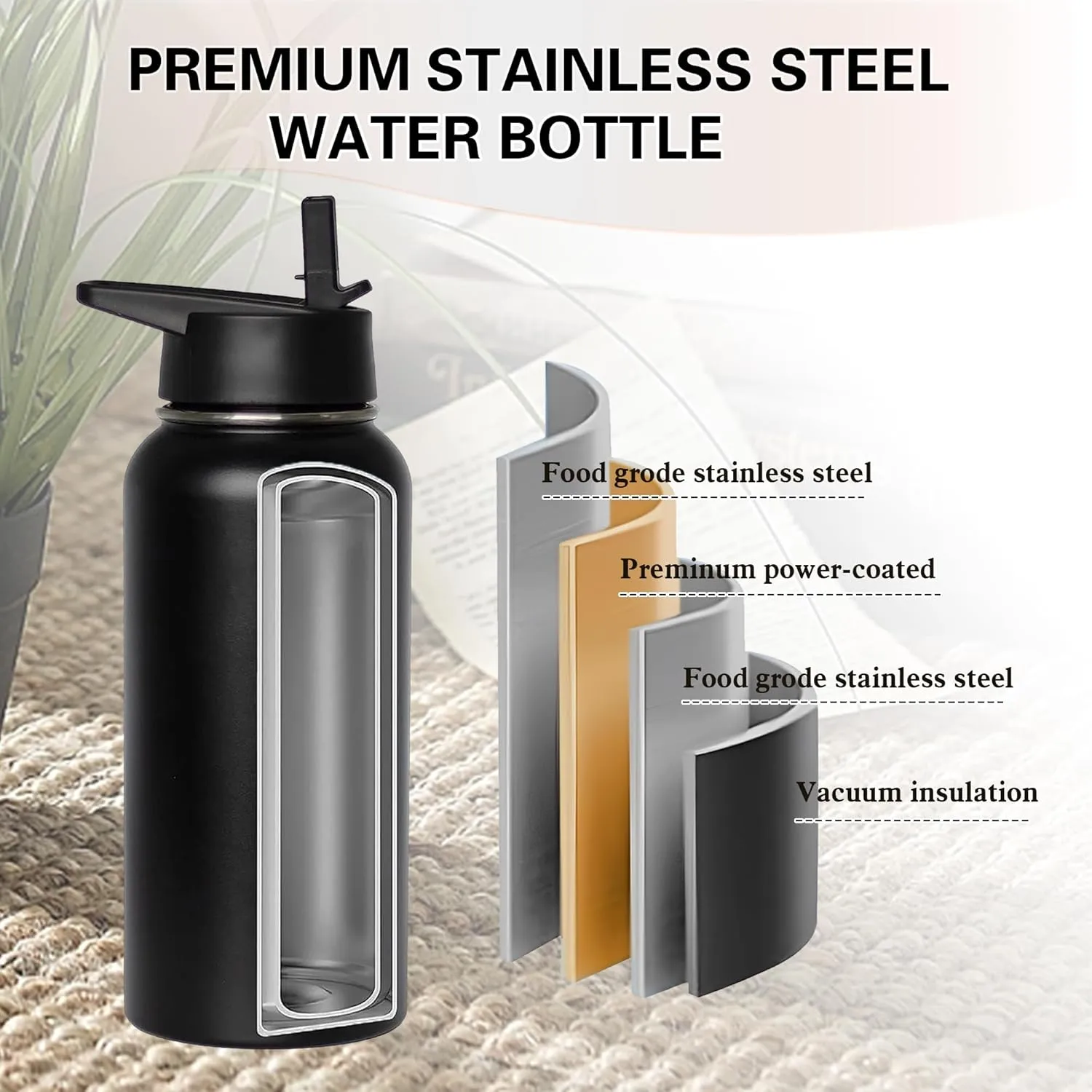 Insulated Water Bottle 32 oz with Straw, Metal Vacuum Stainless Steel Water Flask, Leak Proof & BPA-Free Sports Mens Water Bottle (2 Lids) for Gym,Hiking,Travel, Purple