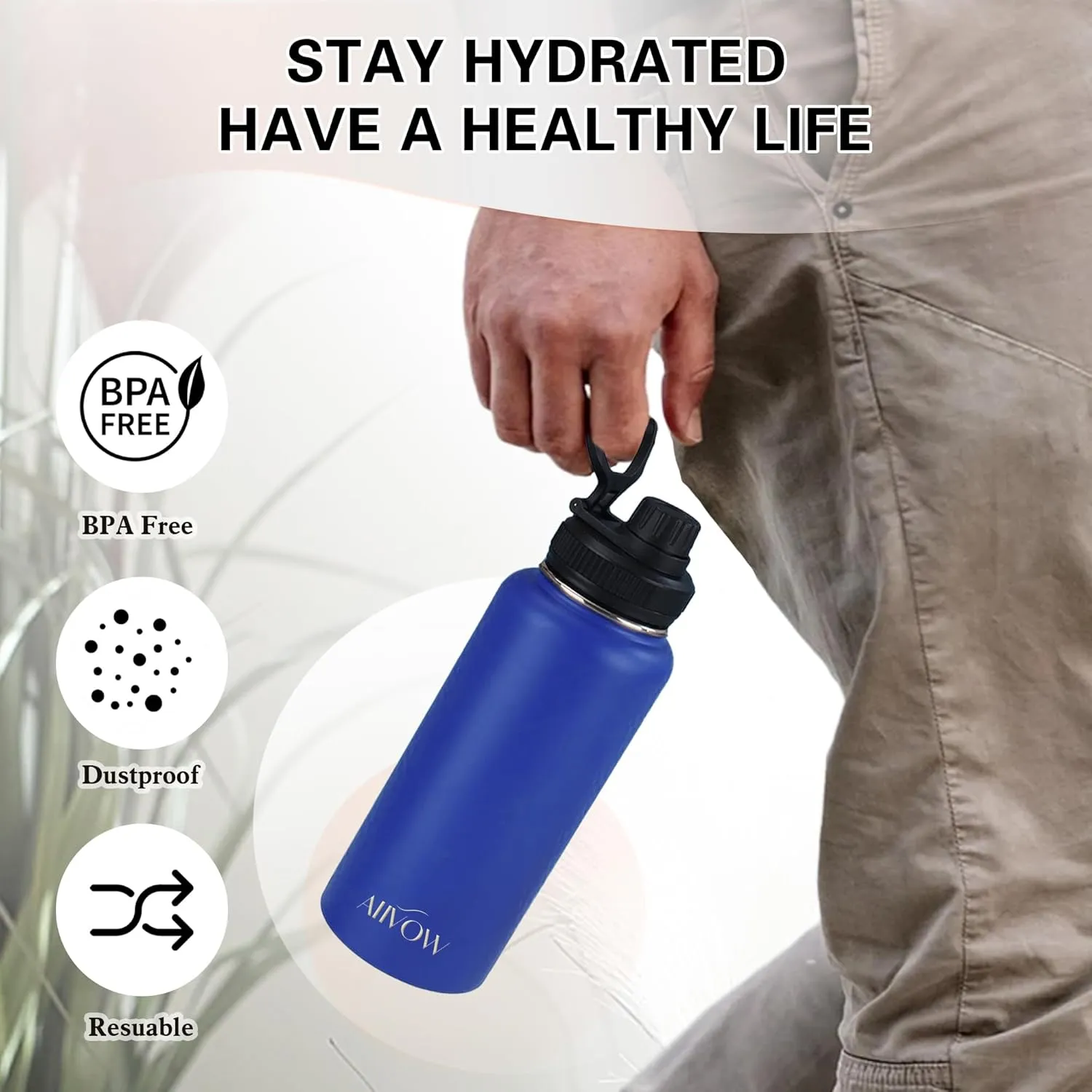 Insulated Water Bottle 32 oz with Straw, Metal Vacuum Stainless Steel Water Flask, Leak Proof & BPA-Free Sports Mens Water Bottle (2 Lids) for Gym,Hiking,Travel, Purple