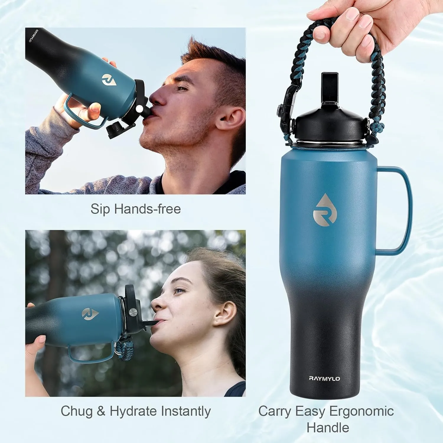 Insulated Water Bottle 40oz (Cold for 48 Hrs), Stainless Steel Water Bottle with Handle & Straw Lid & Paracord Handle, Triple Wall Vacuum Leakproof Travel Flask, Fit in Any Car Cup Holder