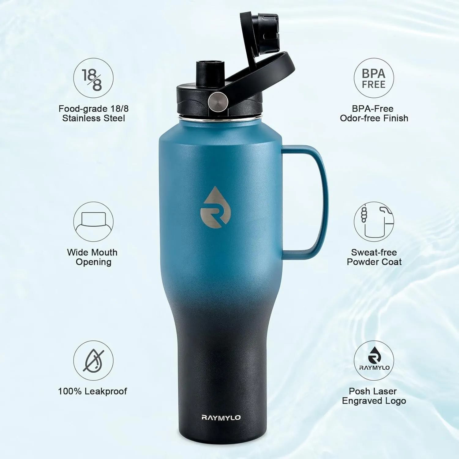 Insulated Water Bottle 40oz (Cold for 48 Hrs), Stainless Steel Water Bottle with Handle & Straw Lid & Paracord Handle, Triple Wall Vacuum Leakproof Travel Flask, Fit in Any Car Cup Holder