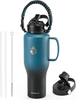 Insulated Water Bottle 40oz (Cold for 48 Hrs), Stainless Steel Water Bottle with Handle & Straw Lid & Paracord Handle, Triple Wall Vacuum Leakproof Travel Flask, Fit in Any Car Cup Holder