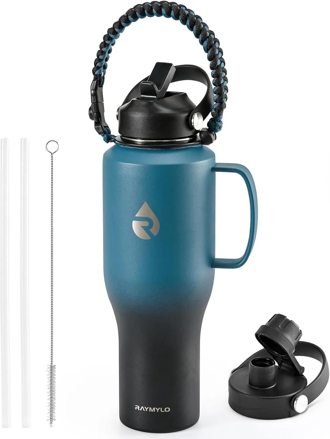 Insulated Water Bottle 40oz (Cold for 48 Hrs), Stainless Steel Water Bottle with Handle & Straw Lid & Paracord Handle, Triple Wall Vacuum Leakproof Travel Flask, Fit in Any Car Cup Holder