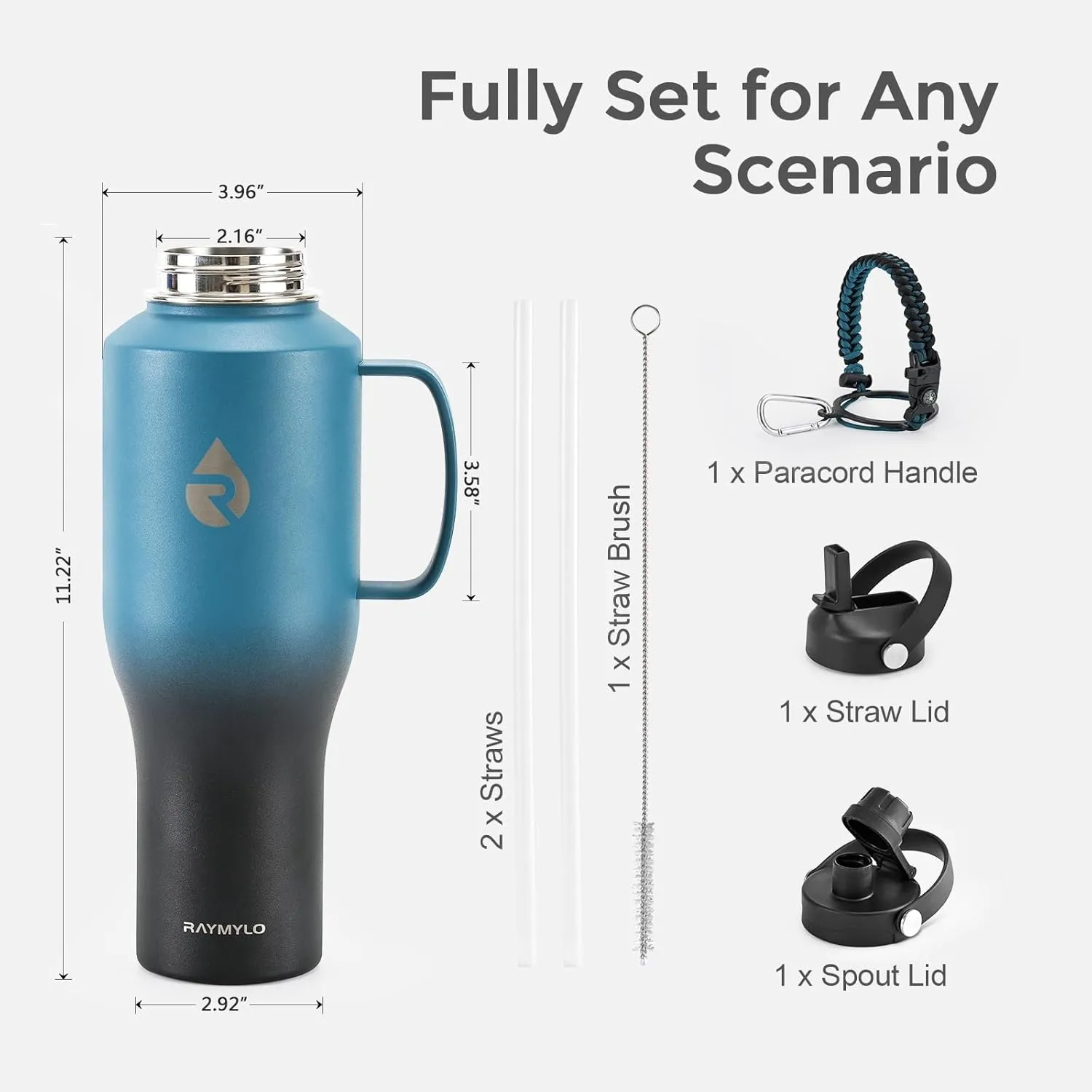Insulated Water Bottle 40oz (Cold for 48 Hrs), Stainless Steel Water Bottle with Handle & Straw Lid & Paracord Handle, Triple Wall Vacuum Leakproof Travel Flask, Fit in Any Car Cup Holder