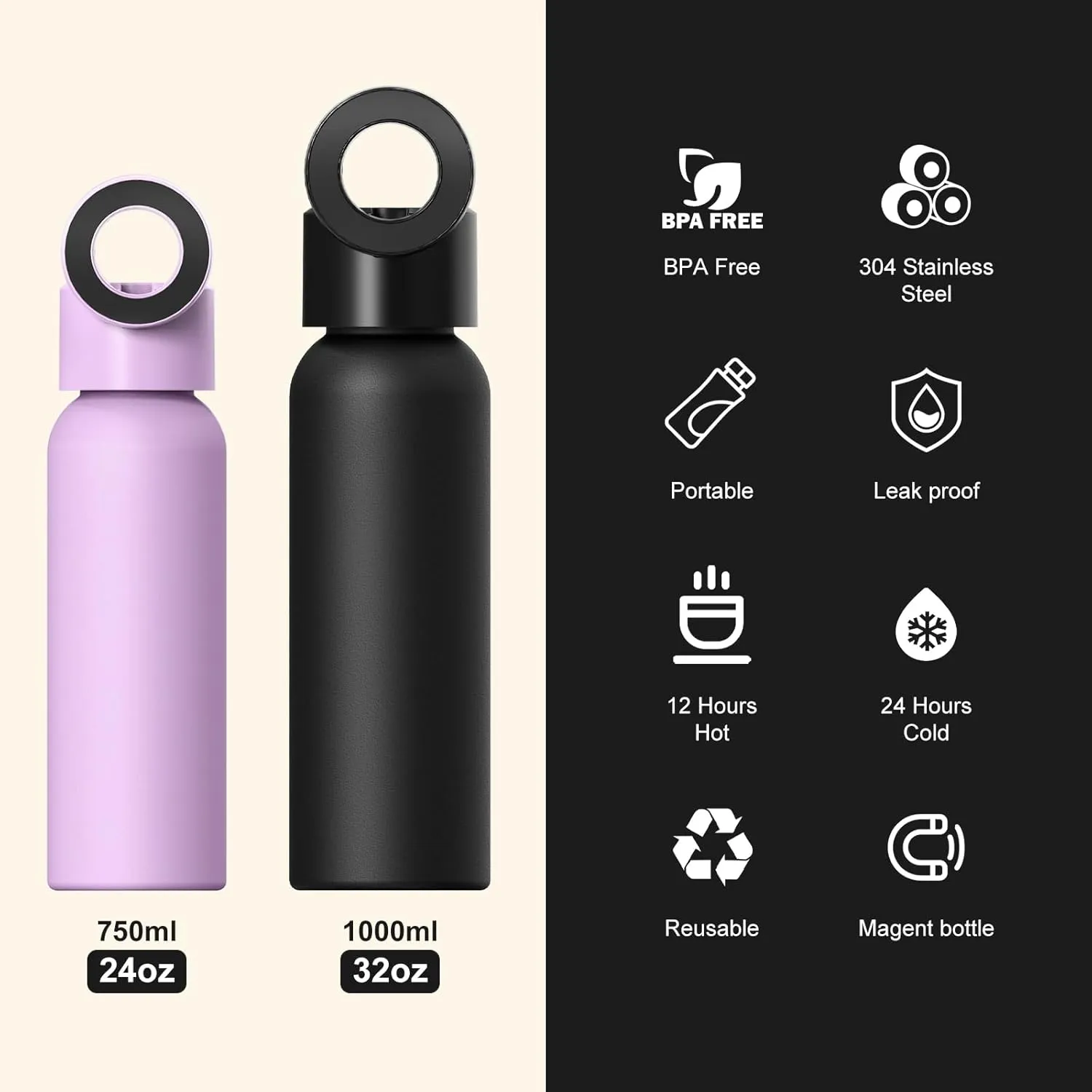 Insulated Water Bottle Compatible with Magsafe Holder, Magnetic Water Bottle Stainless Steel Water Cup Phone Mount Flask Leak-Proof Hot 12H Cold 24H Sports Car Cup Holder 25oz Ivory