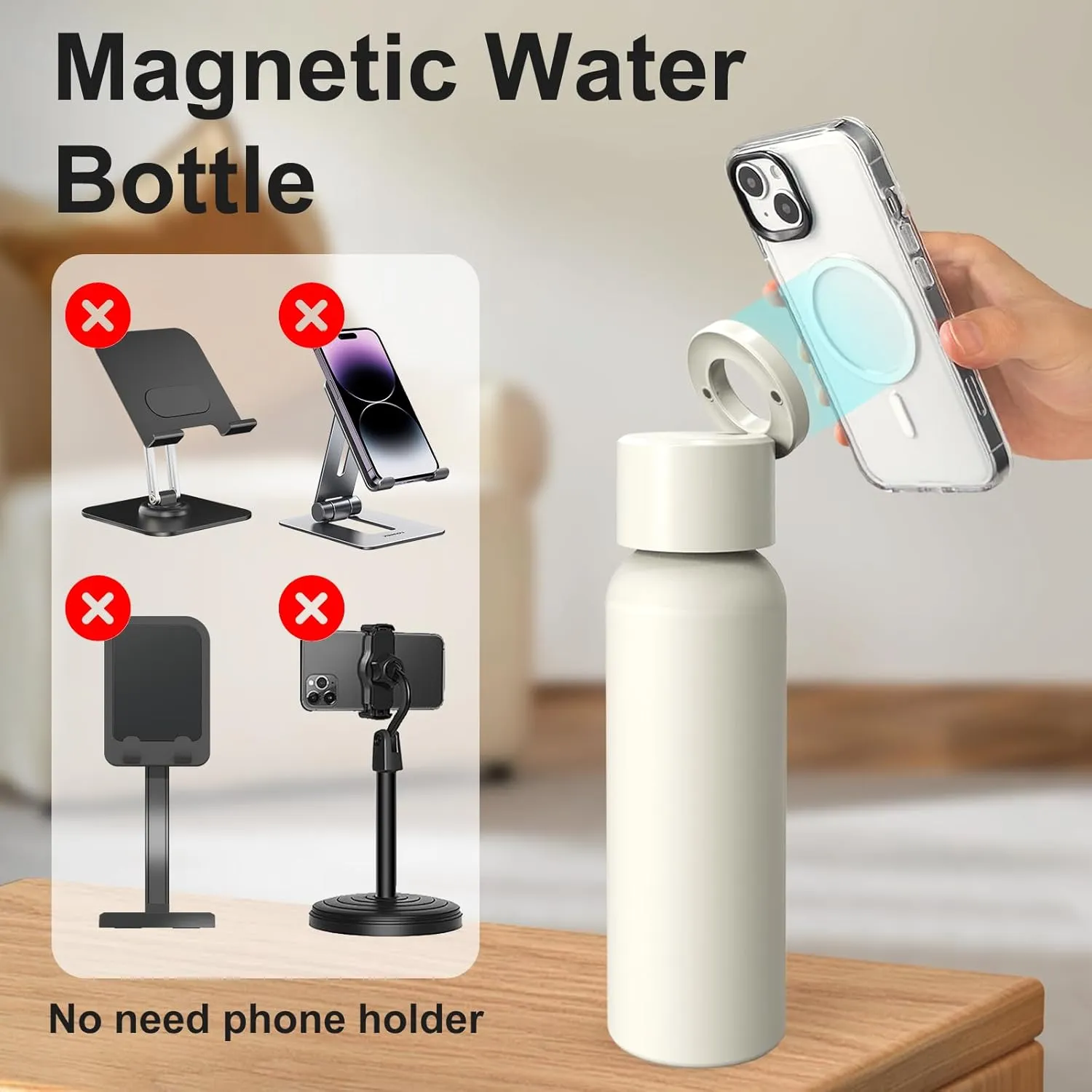 Insulated Water Bottle Compatible with Magsafe Holder, Magnetic Water Bottle Stainless Steel Water Cup Phone Mount Flask Leak-Proof Hot 12H Cold 24H Sports Car Cup Holder 25oz Ivory