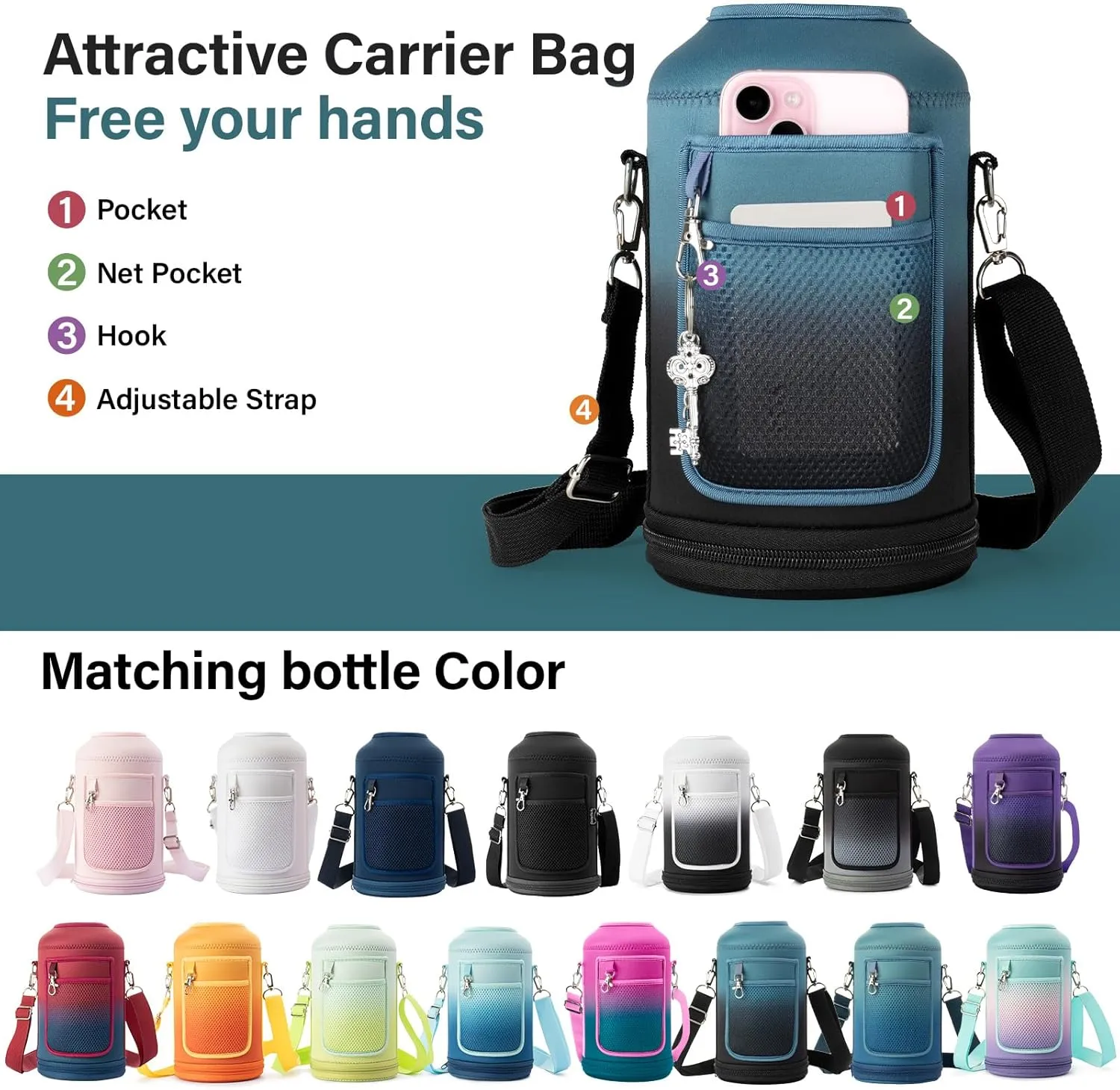 Insulated Water Bottle | Thickened Stainless Steel Vacuum Metal Thermos | Portable Sports Half Gallon Large Water Jug for Gym and Hiking with Straw, Carrier Bag, Handle Strap | BPA-Free 64 oz