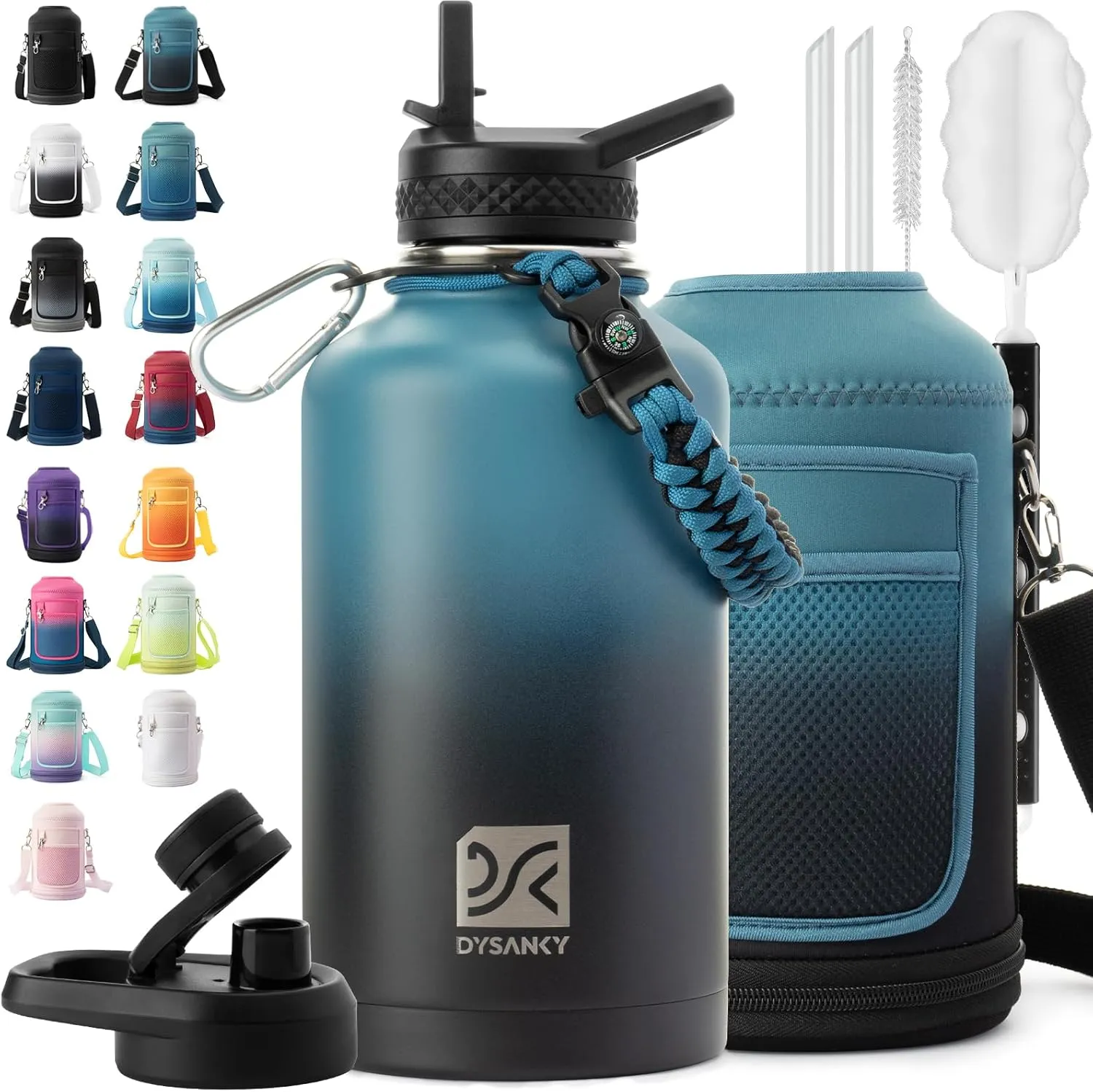 Insulated Water Bottle | Thickened Stainless Steel Vacuum Metal Thermos | Portable Sports Half Gallon Large Water Jug for Gym and Hiking with Straw, Carrier Bag, Handle Strap | BPA-Free 64 oz