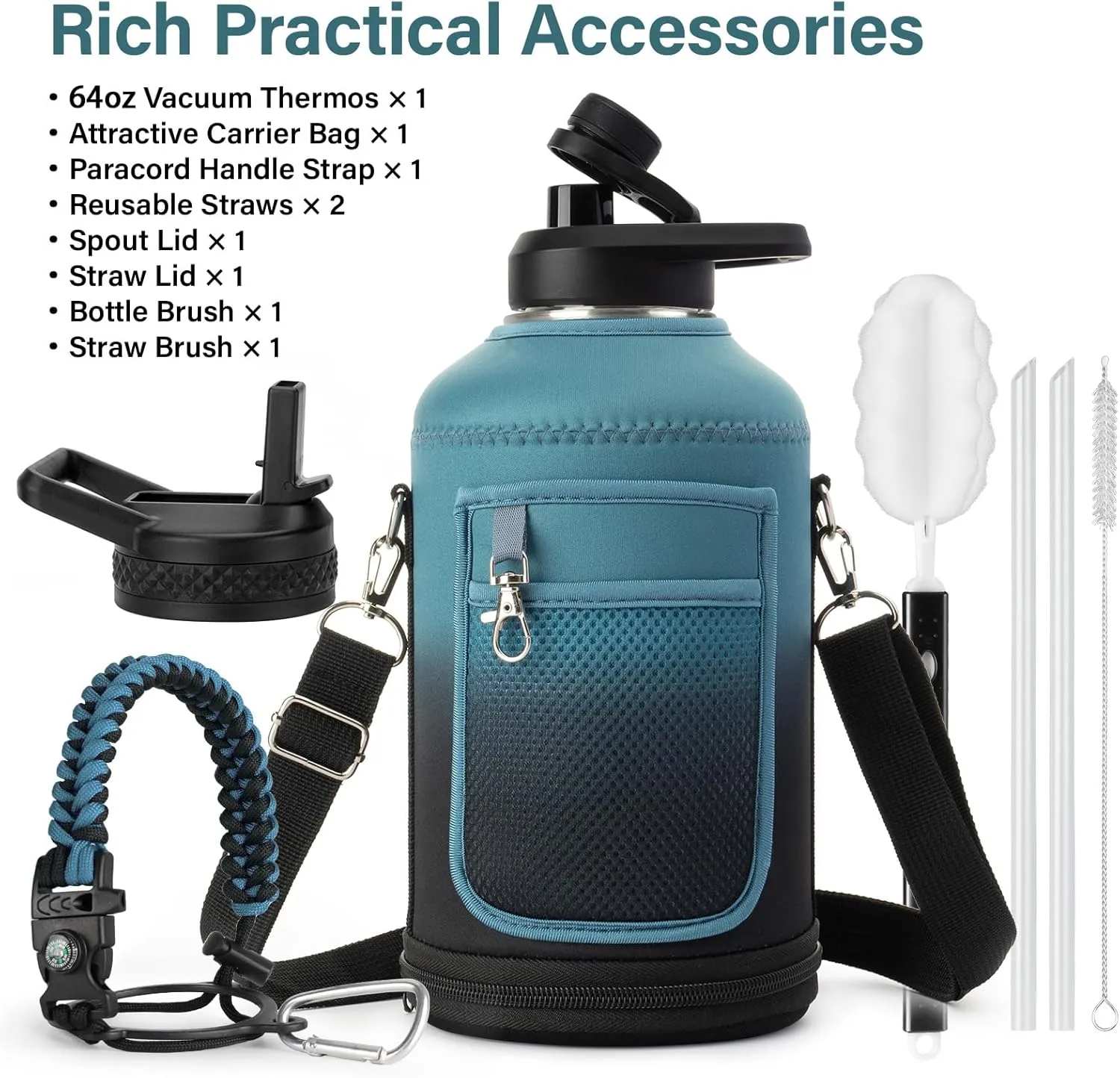 Insulated Water Bottle | Thickened Stainless Steel Vacuum Metal Thermos | Portable Sports Half Gallon Large Water Jug for Gym and Hiking with Straw, Carrier Bag, Handle Strap | BPA-Free 64 oz