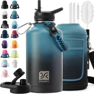 Insulated Water Bottle | Thickened Stainless Steel Vacuum Metal Thermos | Portable Sports Half Gallon Large Water Jug for Gym and Hiking with Straw, Carrier Bag, Handle Strap | BPA-Free 64 oz
