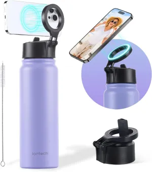 Insulated Water Bottle with Magnetic Phone Holder Compatible with MagSafe and iPhone, Double-Sided Magnet, Stainless Steel Water Bottle Phone Mount for Sports Travel, Hot 12H Cold 24H, 27oz (Purple)