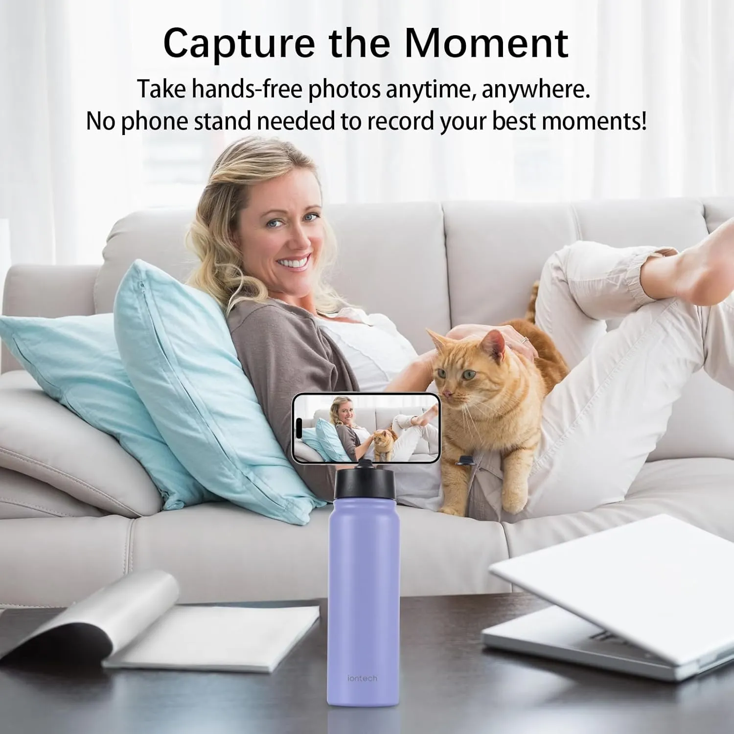 Insulated Water Bottle with Magnetic Phone Holder Compatible with MagSafe and iPhone, Double-Sided Magnet, Stainless Steel Water Bottle Phone Mount for Sports Travel, Hot 12H Cold 24H, 27oz (Purple)