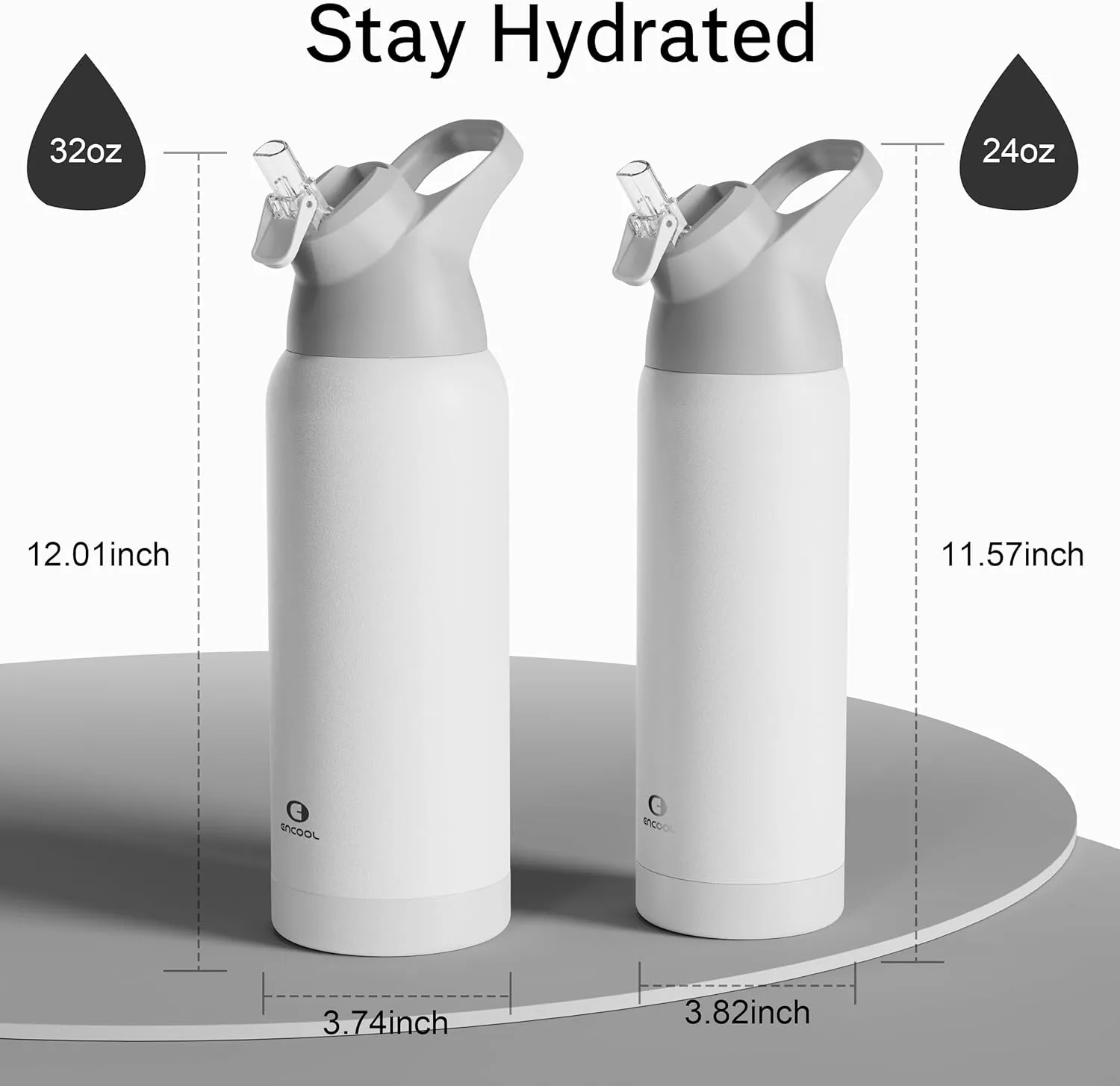 Insulated Water Bottle with Straw - Encool Stainless Steel Water Bottle, Reusable Leakproof and BPA-Free for Sports, Travel, Cold for 24 Hours, 32 oz, Snowflake