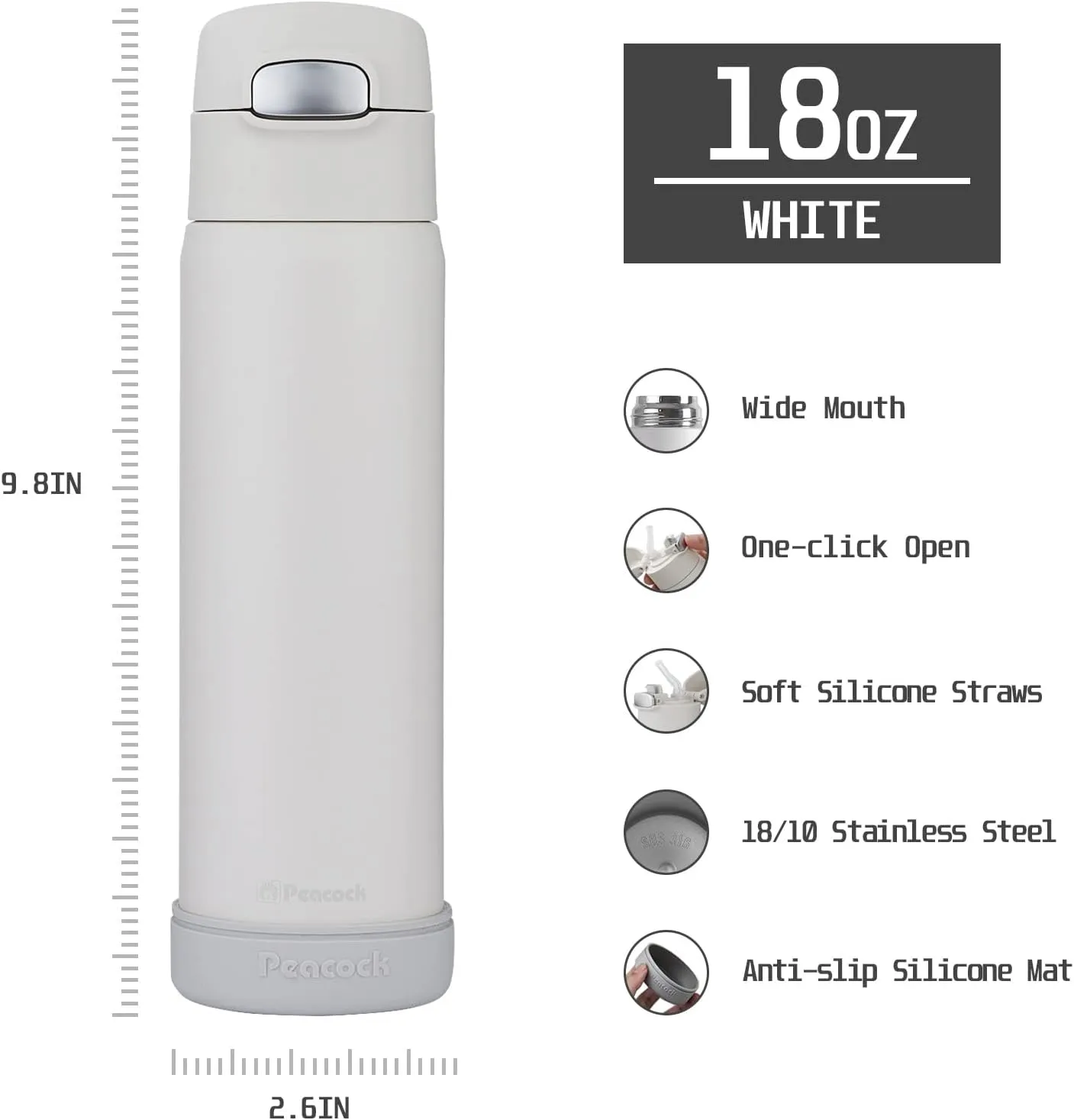 Insulated Water Bottle with Straw, Flip-up Stainless Steel Leakproof BPA-Free 18oz Thermos with Straw for Back to School