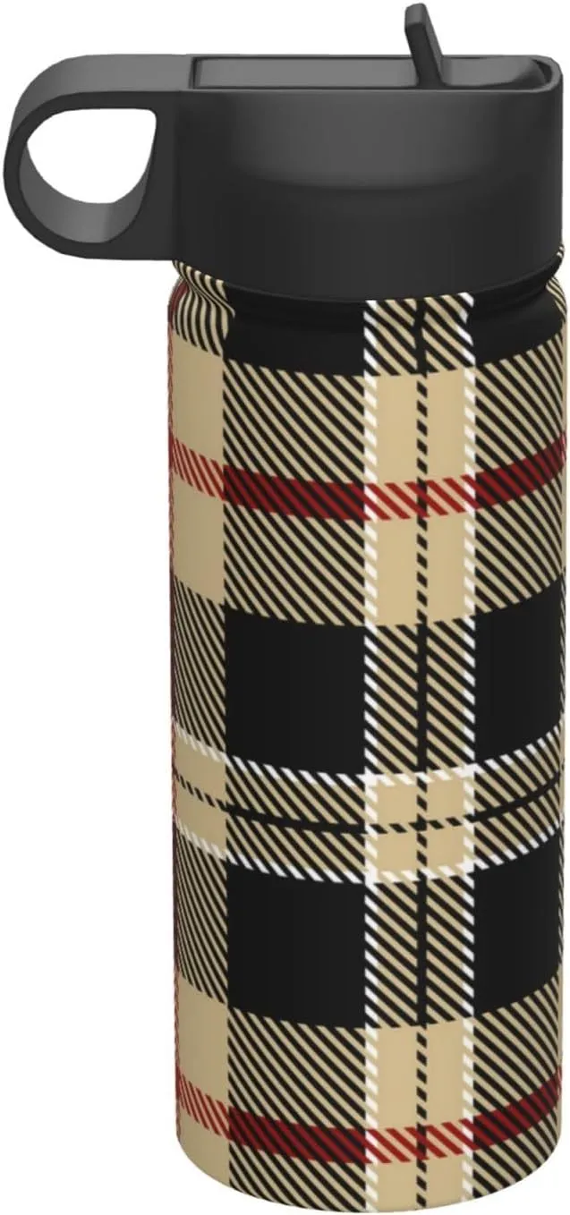 Insulated Water Bottle with Straw, Spout and Handle Lid, Stainless Steel Leak Proof Sports Water Flask Compatible with Tartan Plaid Pattern, Double Walled Vacuum Metal Water Bottle