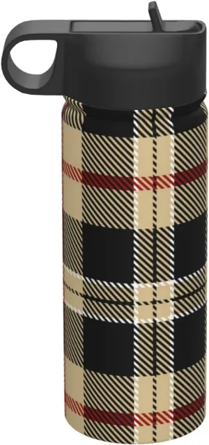 Insulated Water Bottle with Straw, Spout and Handle Lid, Stainless Steel Leak Proof Sports Water Flask Compatible with Tartan Plaid Pattern, Double Walled Vacuum Metal Water Bottle