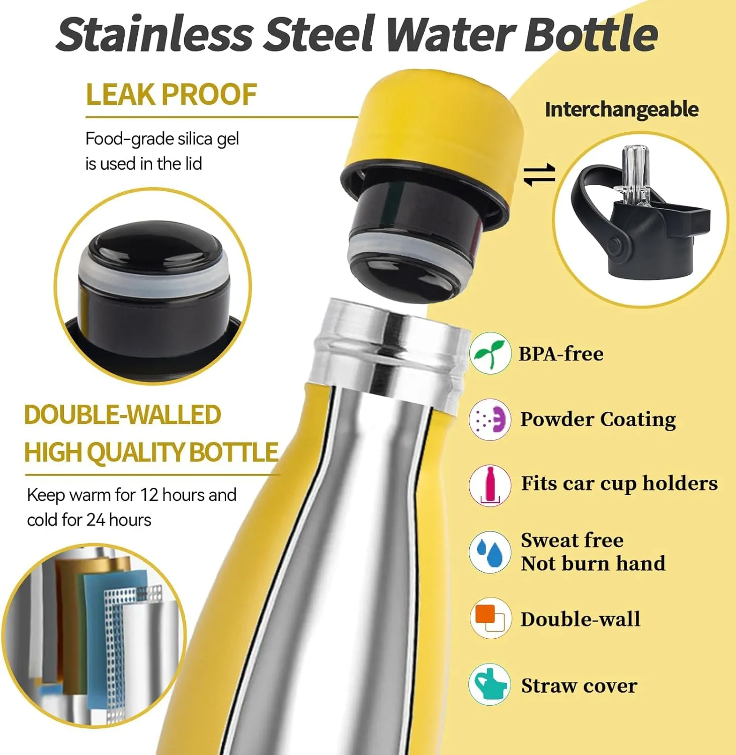 Insulated Water Bottle,2 Pack-17oz Stainless Steel Water Bottles with straw lid,Metal Sports Thermos Water Bottles for Boys,Girls,Double Wall Vacuum BPA-Free Flask for School, Sports(Black-Yellow)