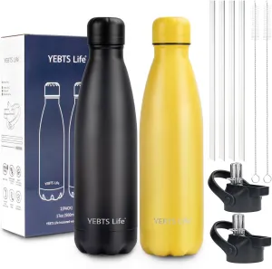 Insulated Water Bottle,2 Pack-17oz Stainless Steel Water Bottles with straw lid,Metal Sports Thermos Water Bottles for Boys,Girls,Double Wall Vacuum BPA-Free Flask for School, Sports(Black-Yellow)