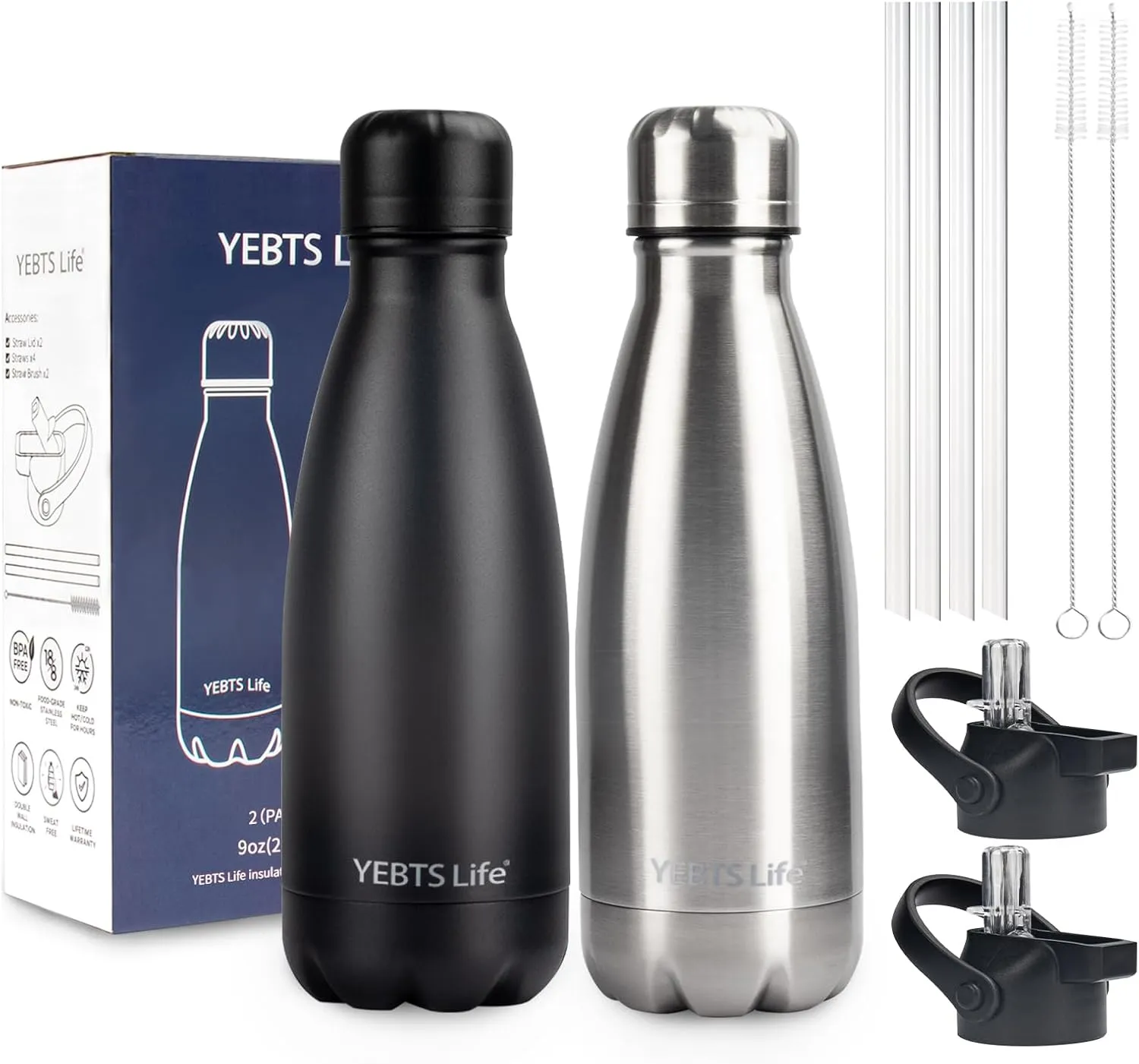 Insulated Water Bottle,2 Pack-9oz Stainless Steel Water Bottles with straw lid,Metal Sports Thermos Water Bottles for Boys,Girls,Double Wall Vacuum BPA-Free Flask for Sports (Black-Sliver)
