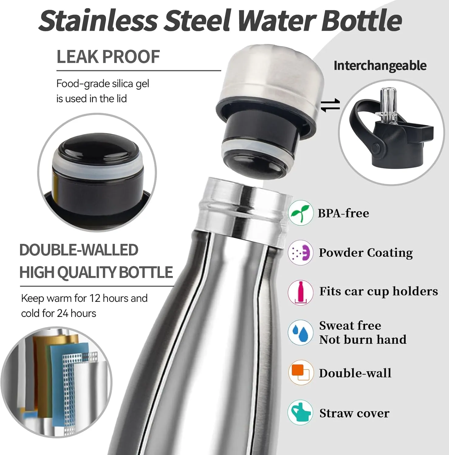 Insulated Water Bottle,2 Pack-9oz Stainless Steel Water Bottles with straw lid,Metal Sports Thermos Water Bottles for Boys,Girls,Double Wall Vacuum BPA-Free Flask for Sports (Black-Sliver)