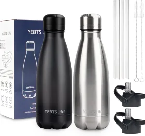Insulated Water Bottle,2 Pack-9oz Stainless Steel Water Bottles with straw lid,Metal Sports Thermos Water Bottles for Boys,Girls,Double Wall Vacuum BPA-Free Flask for Sports (Black-Sliver)