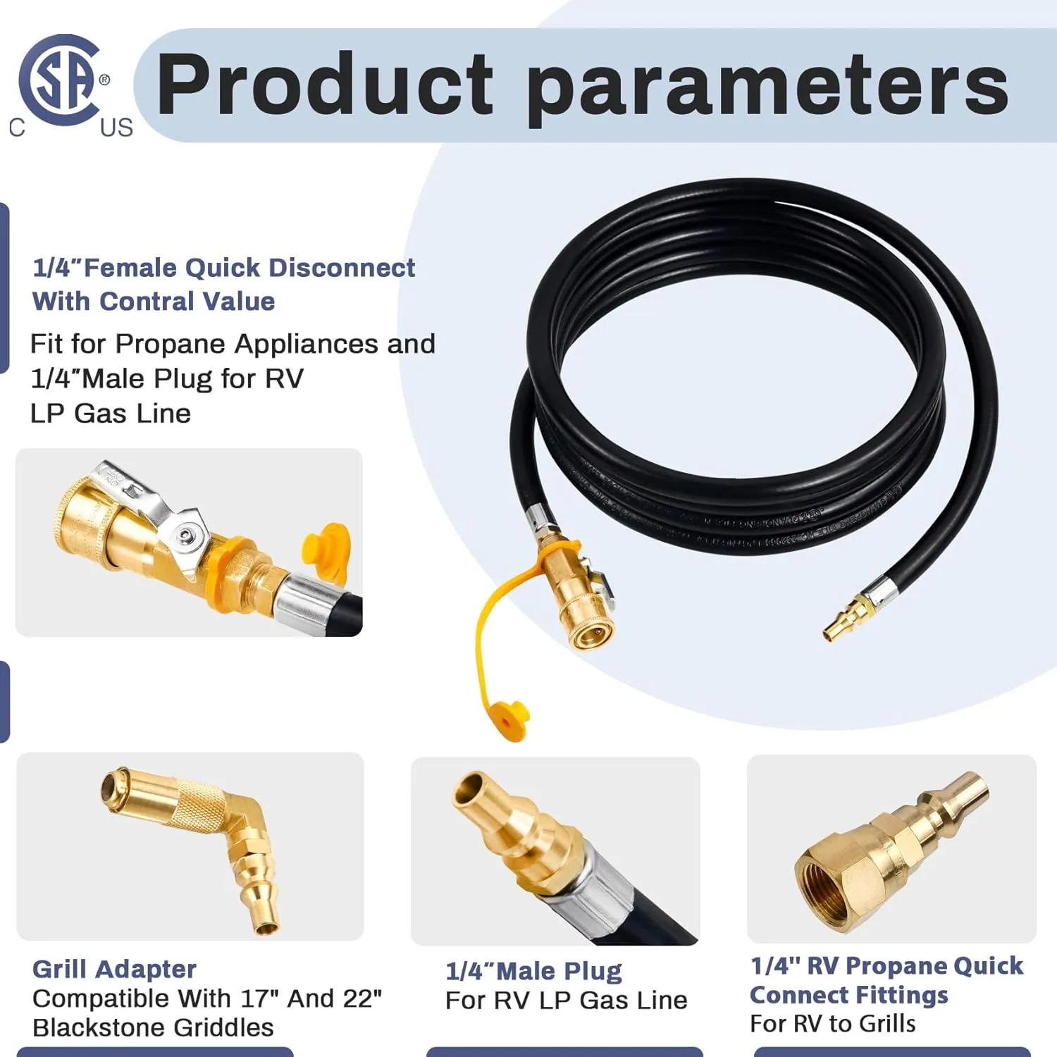 Iococee Upgraded 12FT RV Quick Connect Propane Hose for RV to Grill, Low Pressure Quick Connect Propane Hose with Elbow Adapter for 17" and 22" Blackstone Griddles/Grills