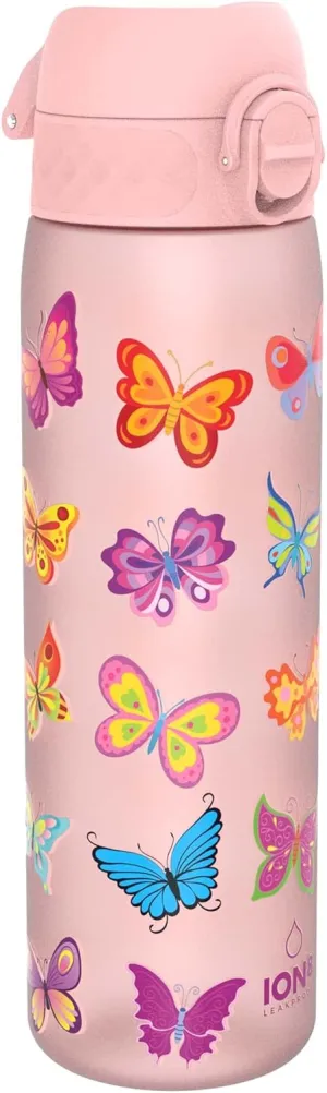 Ion8 Water Bottle, 500 ml/18 oz, Leak Proof, Easy to Open, Secure Lock, Dishwasher Safe, BPA Free, Hygienic Flip Cover, Carry Handle, Easy Clean, Odor Free, Carbon Neutral, Pink, Butterflies Design