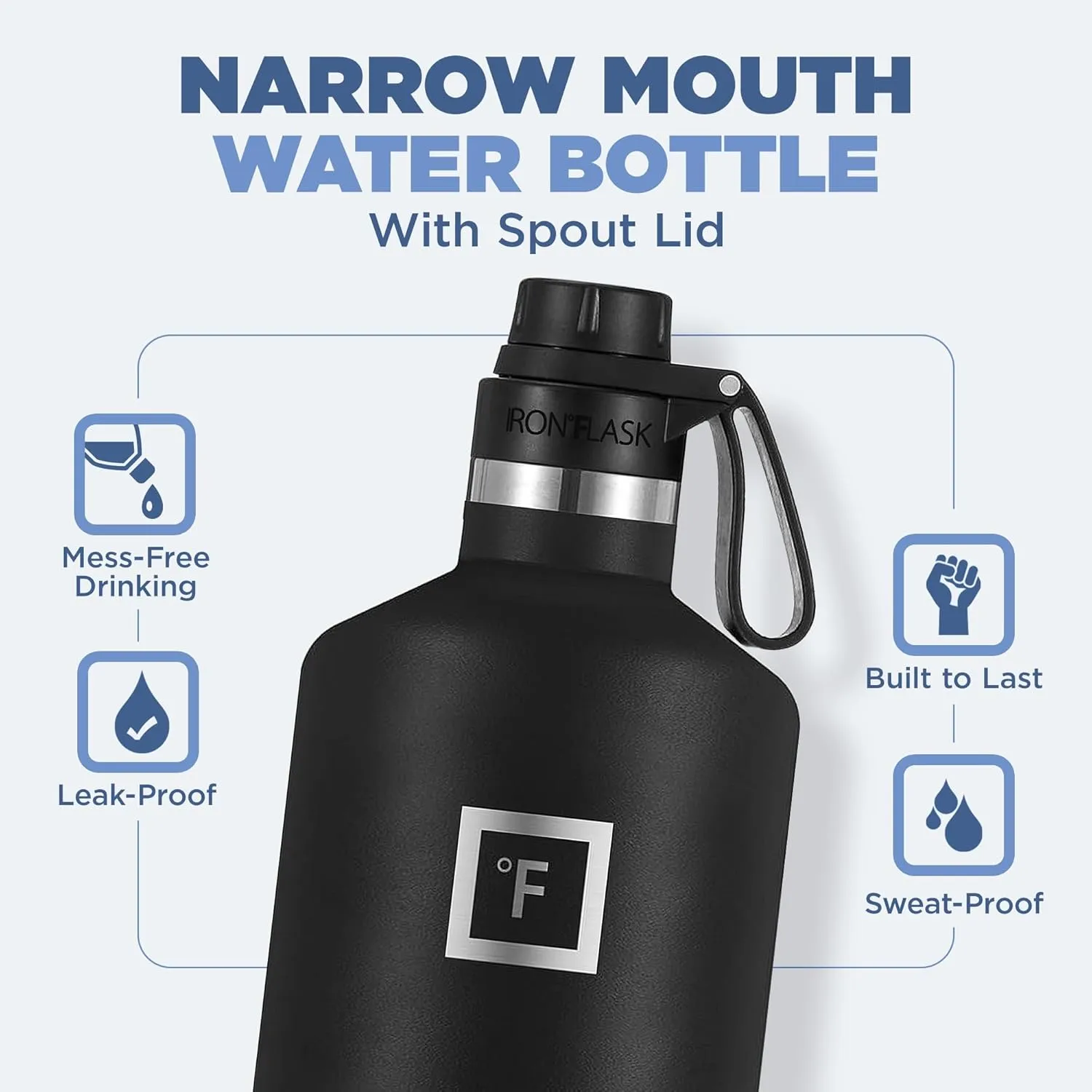 IRON °FLASK Camping & Hiking Hydration Canteens - 3 Lids (Narrow Spout Lid) Leak Proof Vacuum Insulated Stainless Steel - Hot & Cold Double Walled Sports Water Bottle - Dark Night, 64 Oz