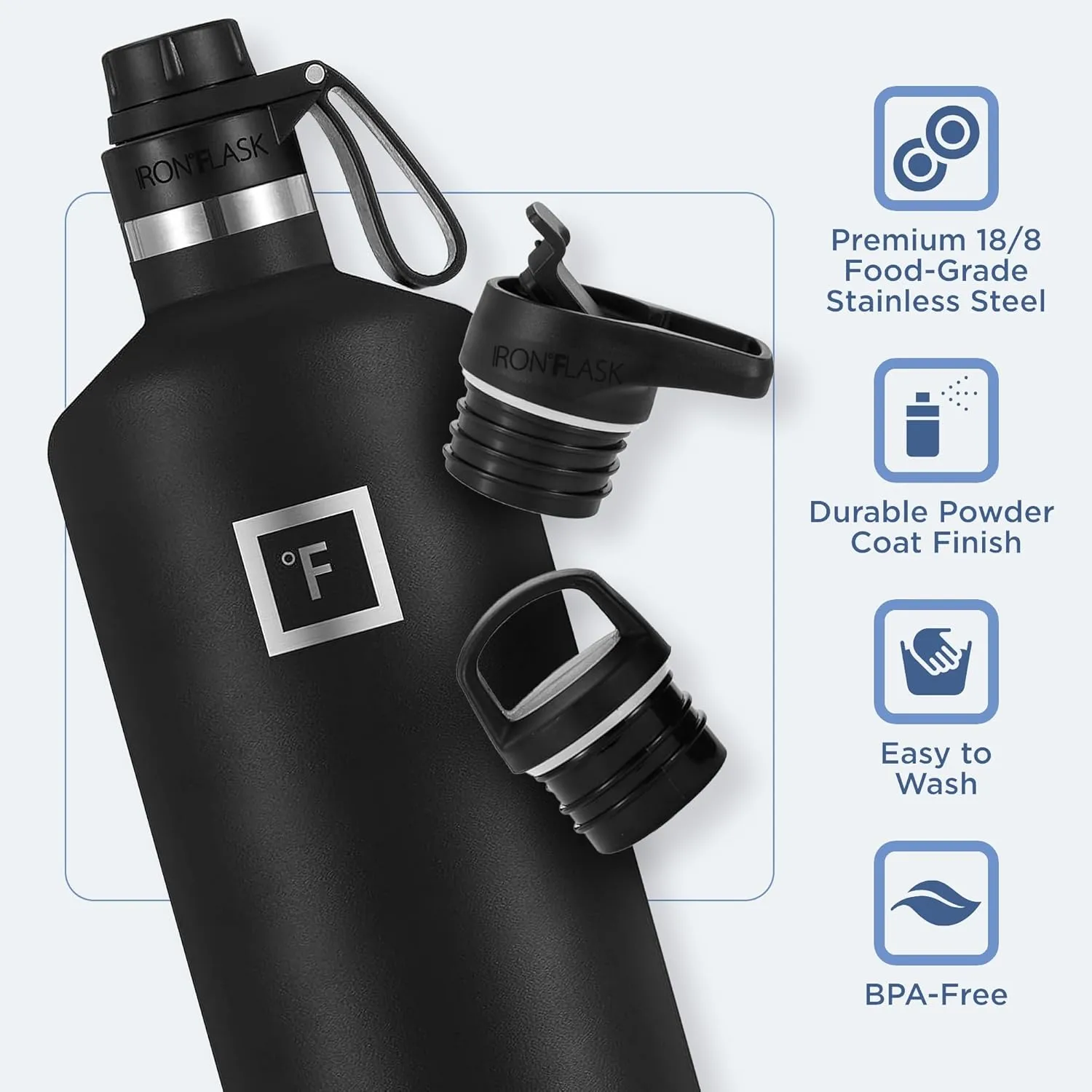 IRON °FLASK Camping & Hiking Hydration Canteens - 3 Lids (Narrow Spout Lid) Leak Proof Vacuum Insulated Stainless Steel - Hot & Cold Double Walled Sports Water Bottle - Dark Night, 64 Oz