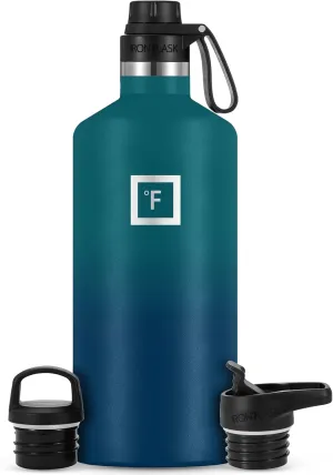 IRON °FLASK Camping & Hiking Hydration Canteens - 3 Lids (Narrow Spout Lid) Leak Proof Vacuum Insulated Stainless Steel - Hot & Cold Double Walled Sports Water Bottle - Dark Night, 64 Oz