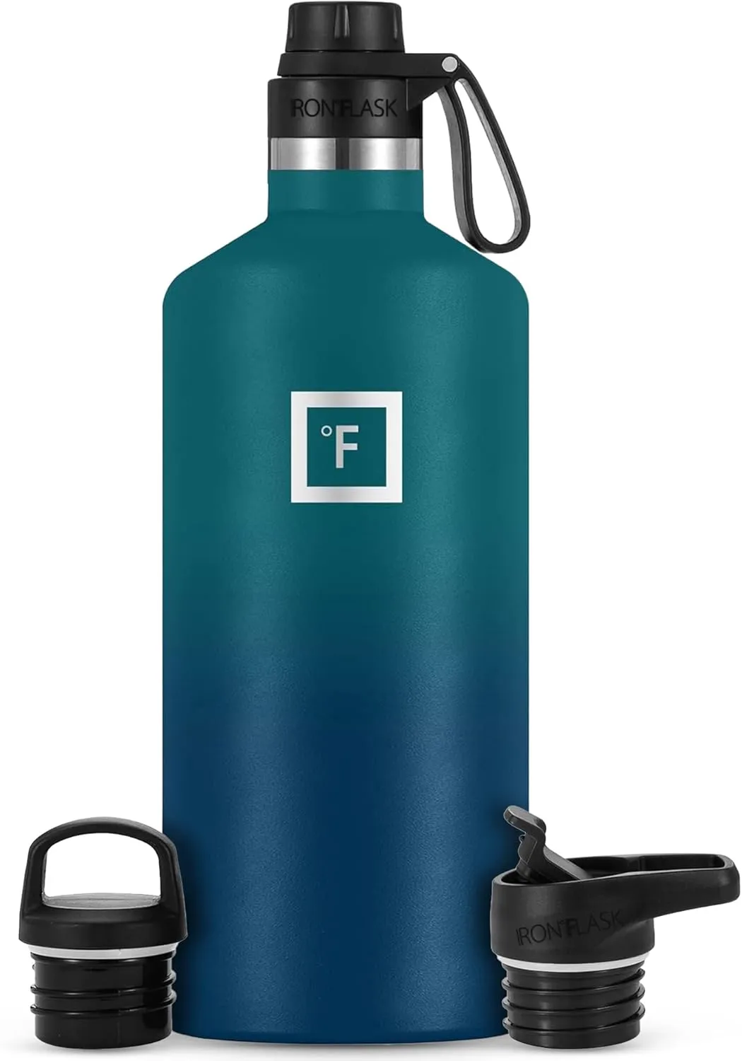 IRON °FLASK Camping & Hiking Hydration Canteens - 3 Lids (Narrow Spout Lid) Leak Proof Vacuum Insulated Stainless Steel - Hot & Cold Double Walled Sports Water Bottle - Dark Night, 64 Oz