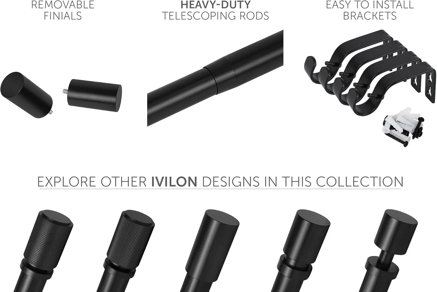 Ivilon Curtain Rods for Windows - Long End Cap Design, 1 inch Diameter, Telescoping Adjustable Curtain Rod, 72 to 144 Inches. Color Black
