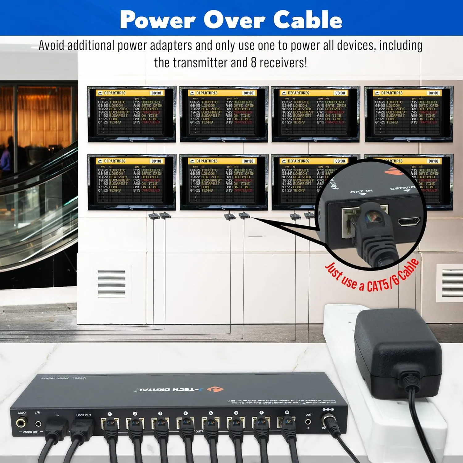 J-Tech Digital HDMI 2.0 4K Extender Splitter Over Single Cable CAT6 with PoC Up to 196 FT 1-in 8-Out w/Local Loop Output & Low Latency [JTECH-18EX50]
