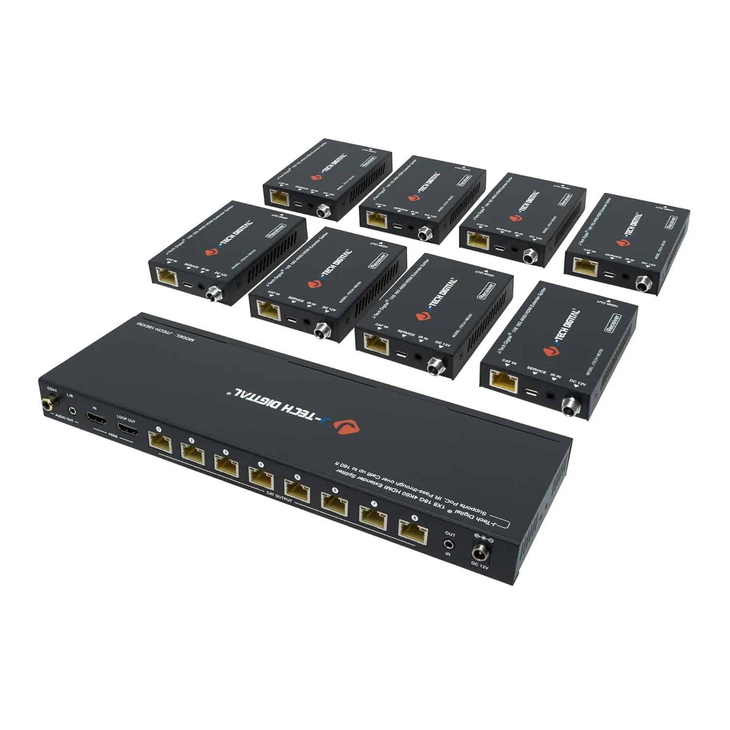J-Tech Digital HDMI 2.0 4K Extender Splitter Over Single Cable CAT6 with PoC Up to 196 FT 1-in 8-Out w/Local Loop Output & Low Latency [JTECH-18EX50]