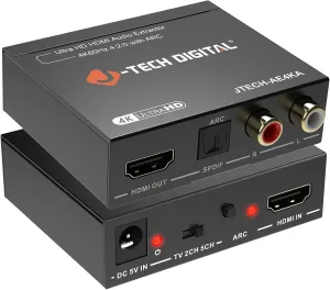 J-Tech Digital HDMI Audio Extractor 4K 60Hz & ARC Support, HDMI to RCA Optical Compatible with Dolby Digital DTS Stereo for Laptop Blu-Ray Gaming Consoles (JTECH-AE4KA)