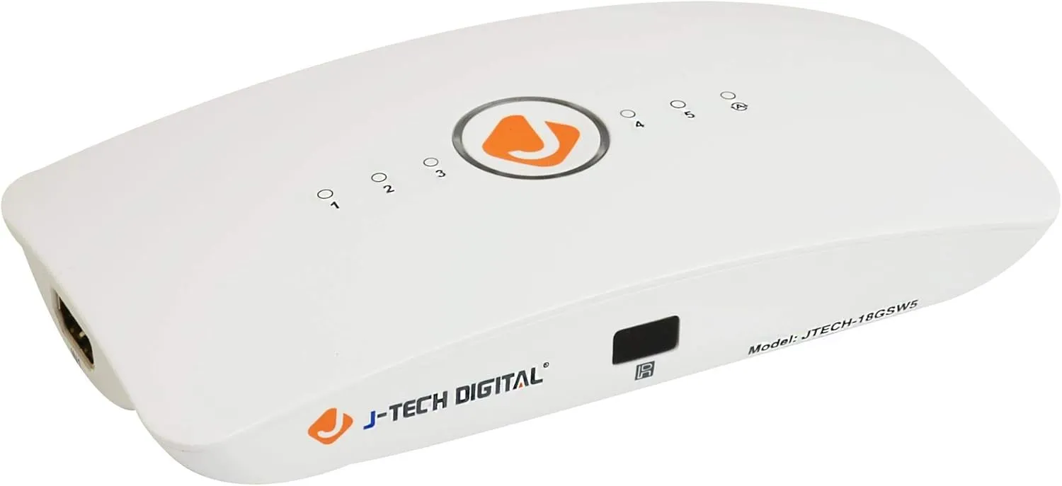 J-Tech Digital HDMI Switch 5X1 HDMI2.0 4K@60Hz, HDCP 2.2, HDR, YUV 4:4:4 with remote control and auto-switching function with Control4 Driver Available [JTECH-18GSW5]